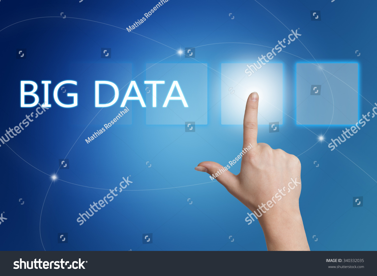 Big Data - hand pressing button on interface with blue background.