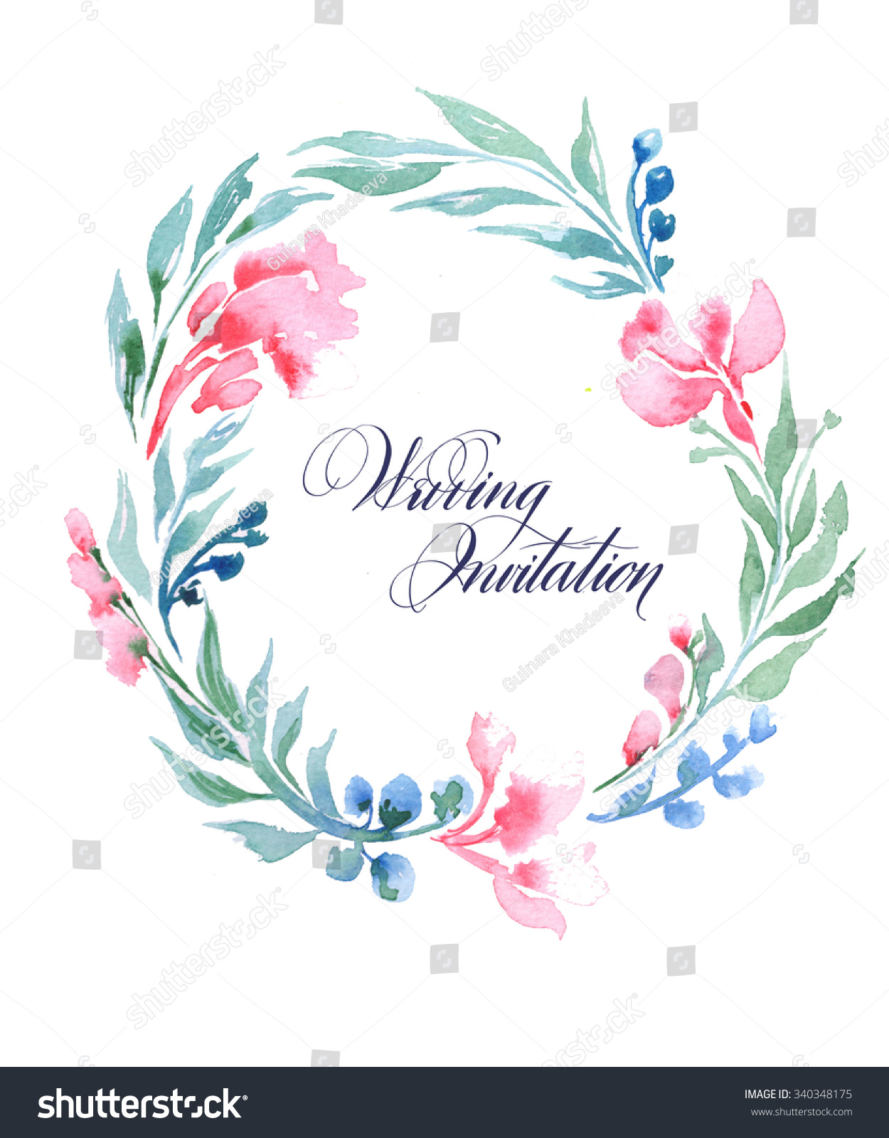 Wedding Invitation Card with watercolor wreath of watercolor wildflowers. (Use for Boarding Pass  Save The Date  thank you card.) Template  illustration