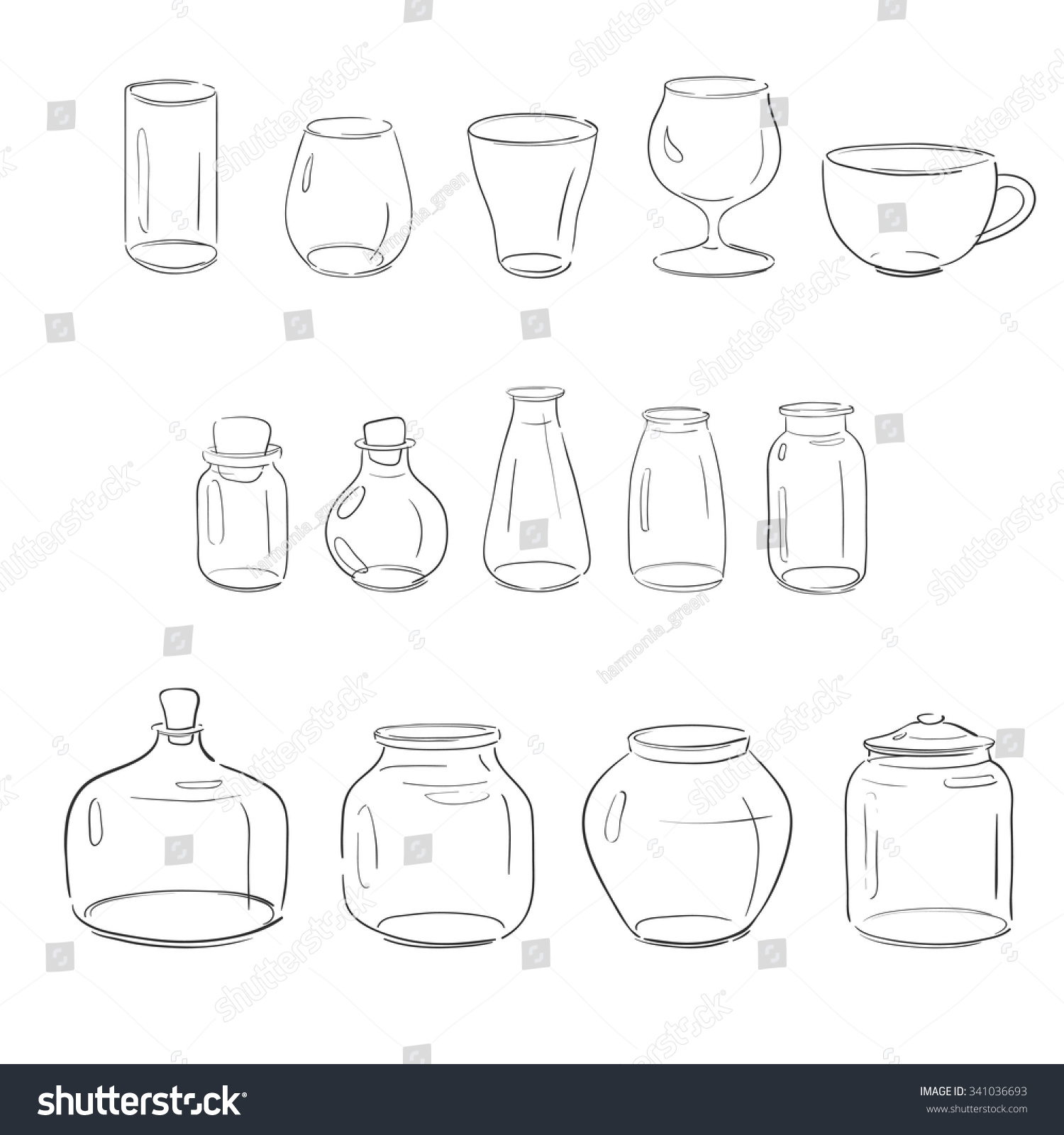 set of glass jars  bottles and glasses  vector sketches