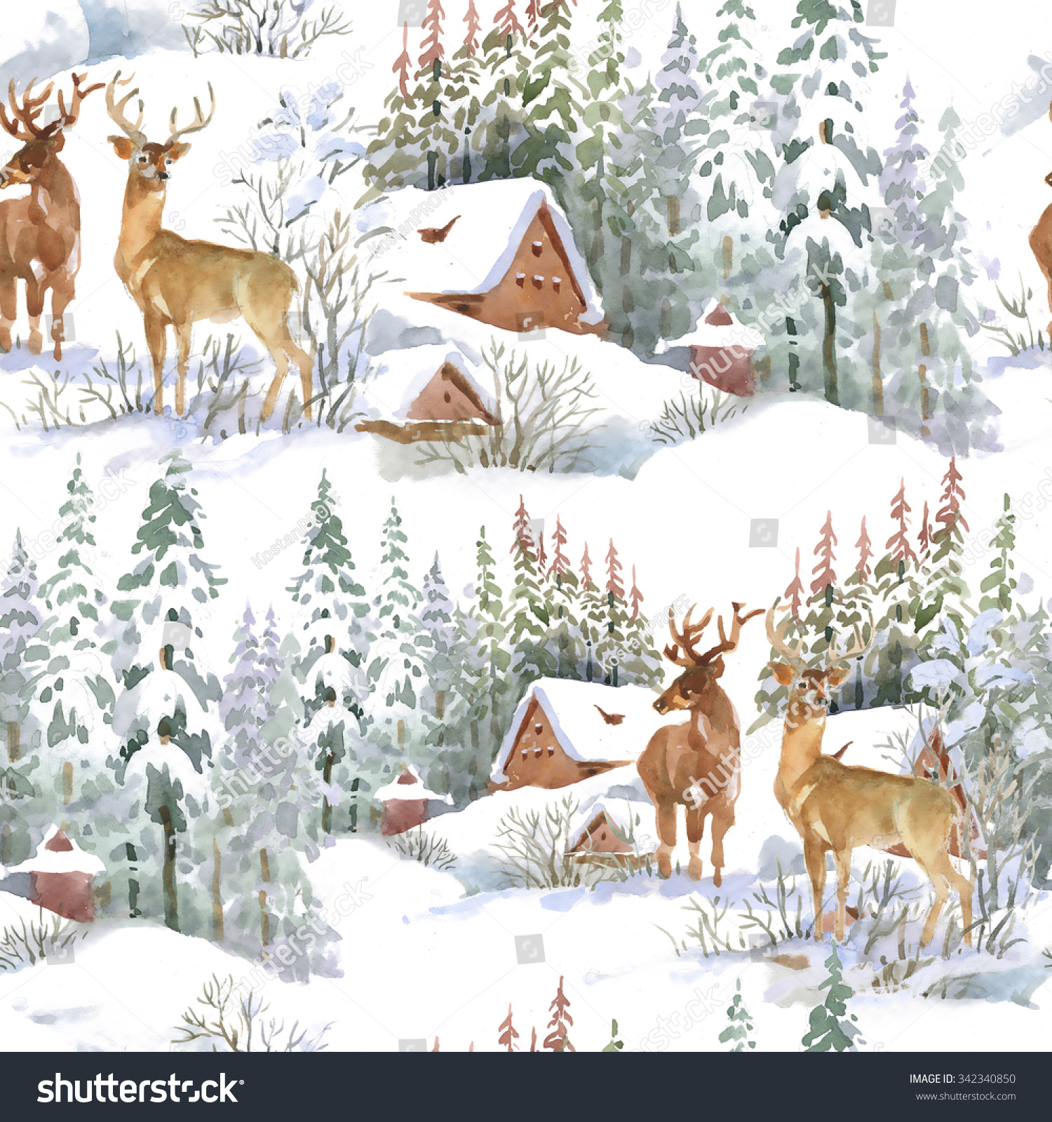 Watercolor winter landscape with deers  seamless pattern