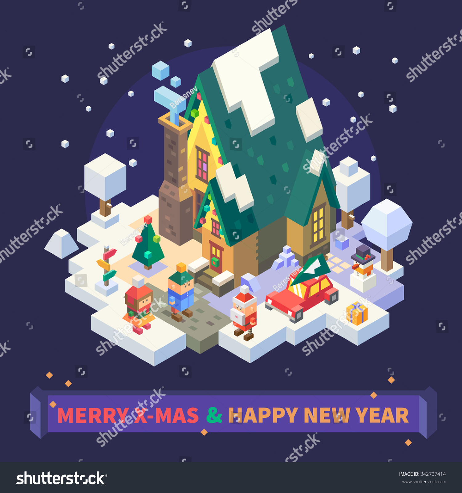 Christmas and New Year Isometric Set: Cute xmas house covered with snow  boy and girl playing outside  car with fir on its roof. snowed trees. Flat Vector Isometric set. 