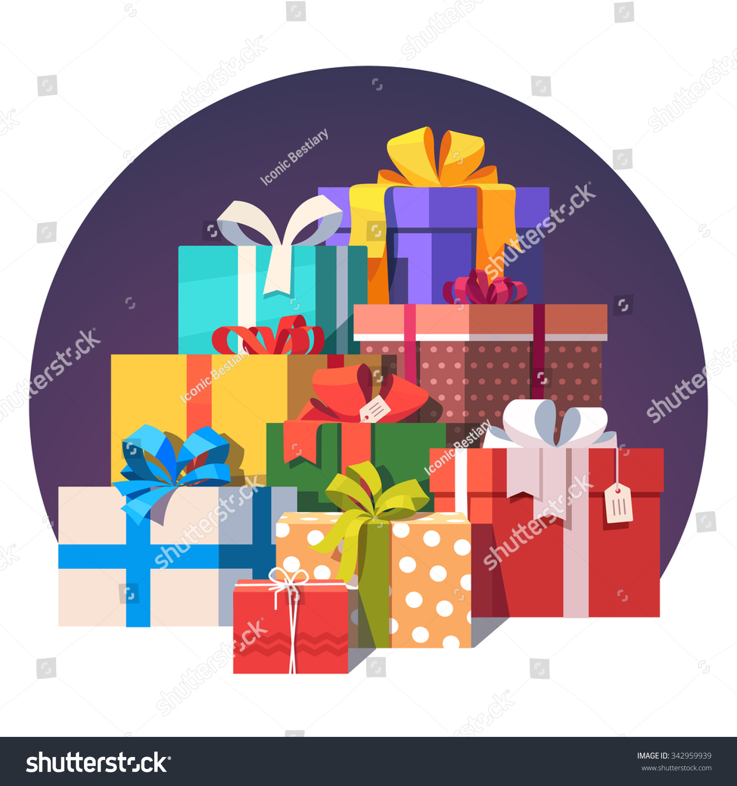 一堆五颜六色的包装礼品盒。很多礼物。平面矢量图在白色背景上隔离。