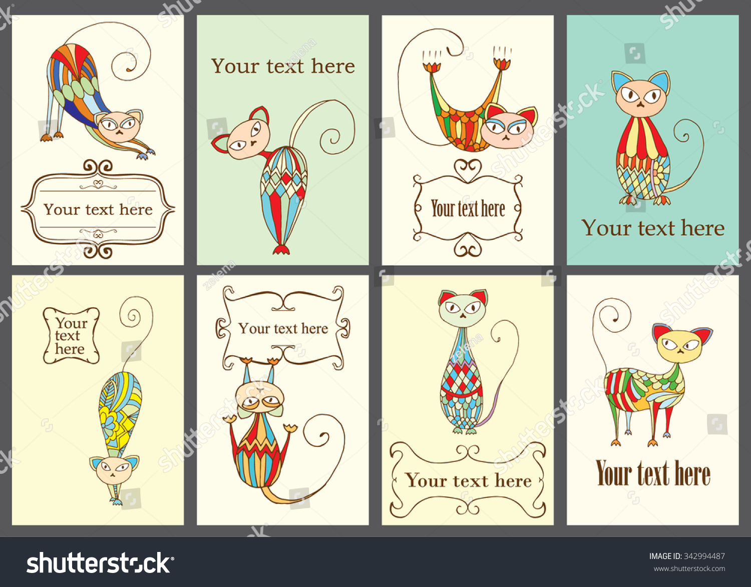 Stylized patterned illustration of cat- Card variations with various ...