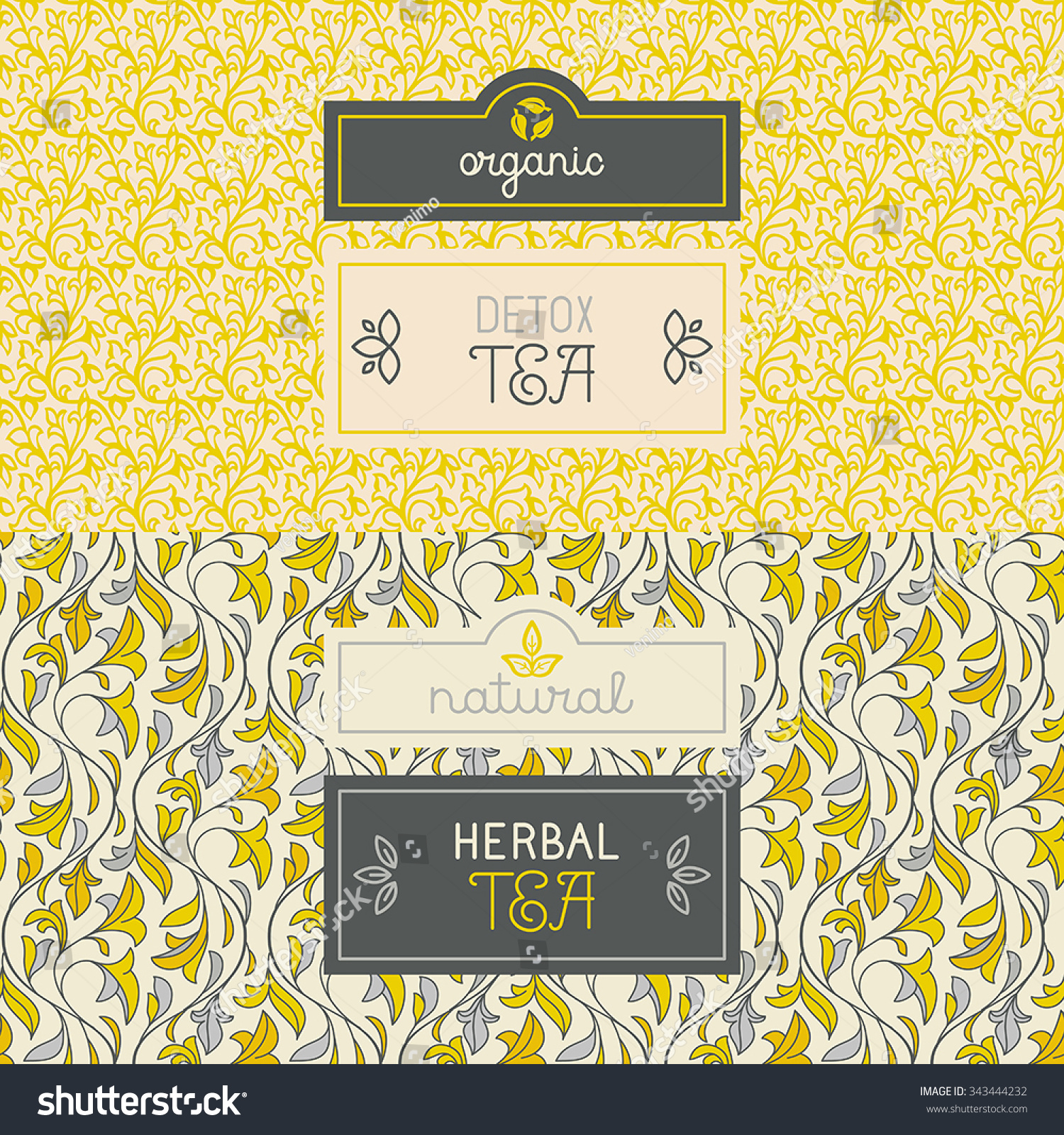 Vector set of design elements  labels and seamless pattern for packaging for herbal and detox tea - healthy and organic drinks concepts
