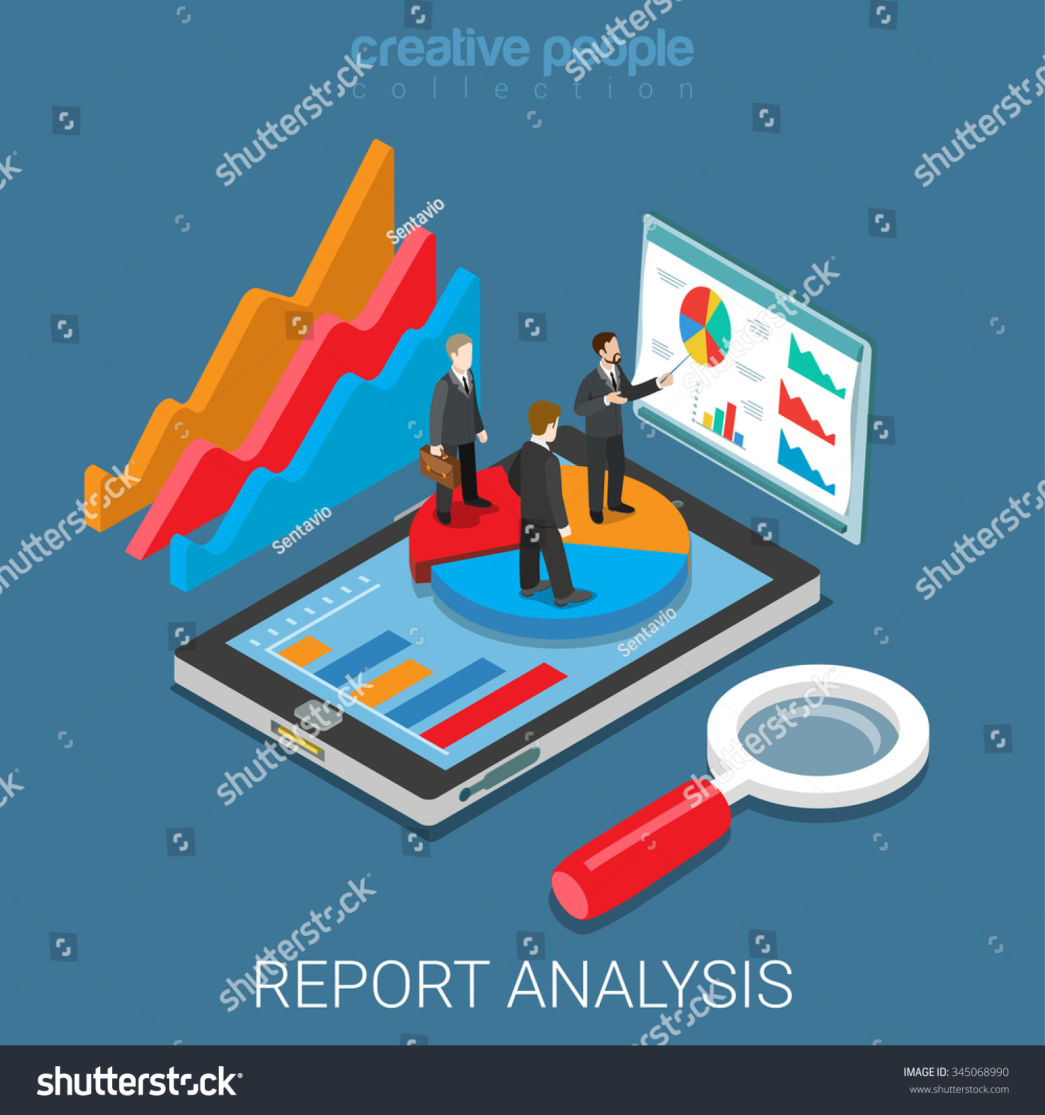 Mobile report analysis tool app flat 3d isometry isometric business concept web vector illustration. Businessmen standing on pie graphic tablet. Creative people collection.