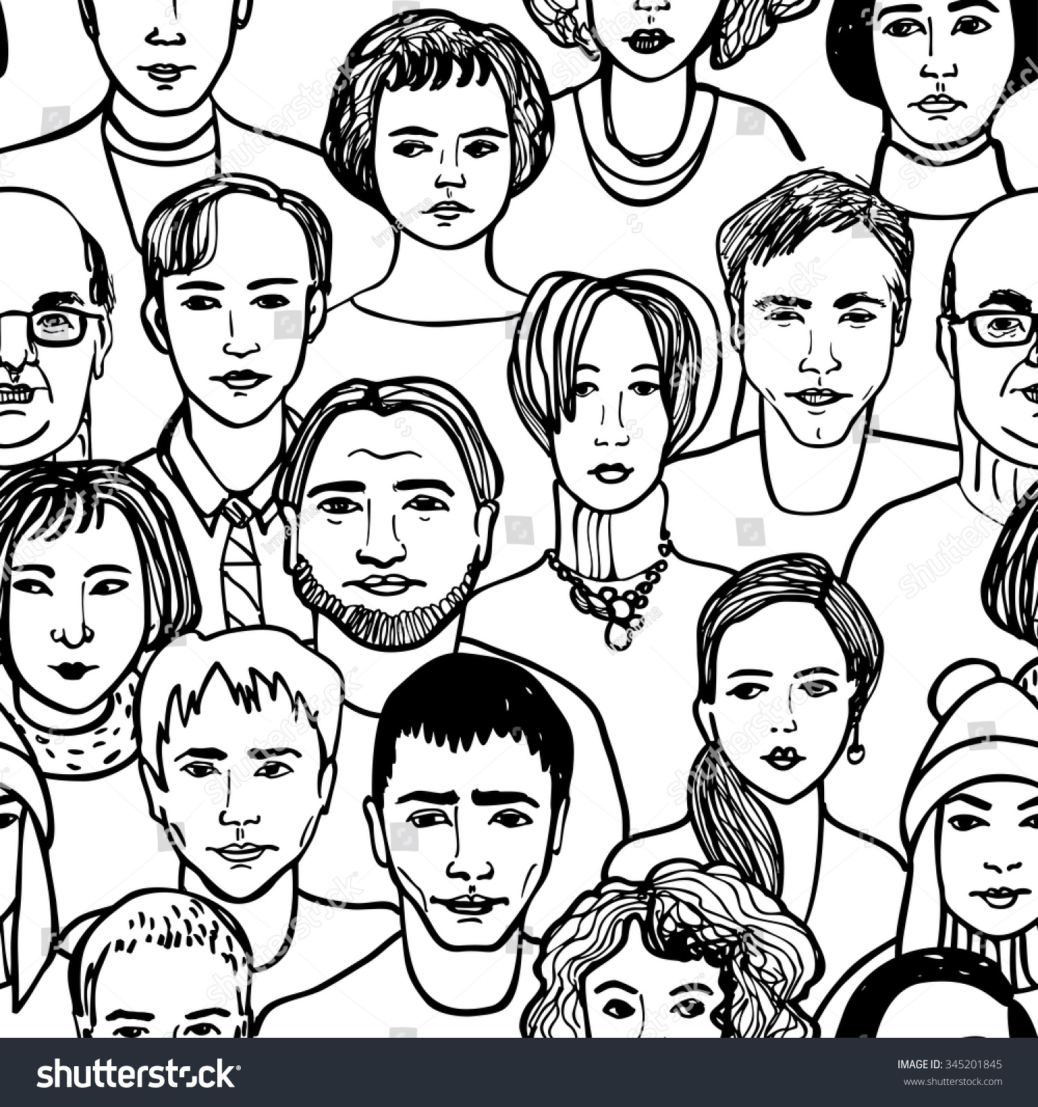 Crowd of people hand drawn faces seamless pattern
