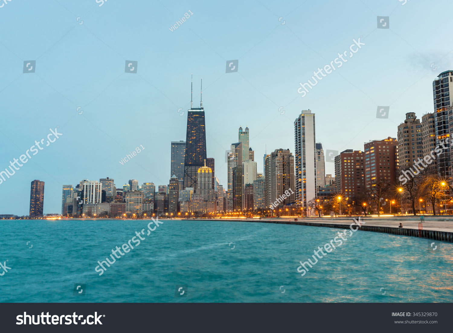 Chicago downtown and Lake Michigan at dusk