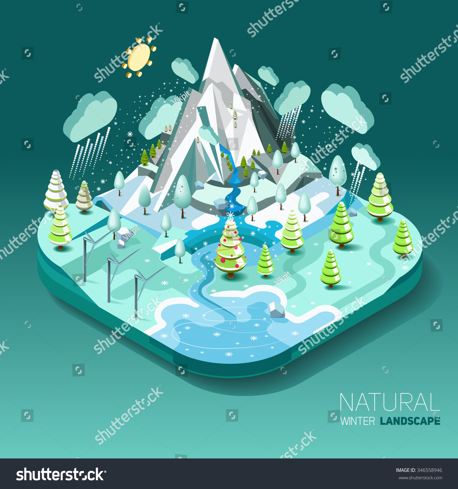 Winter natural landscape with trees  mountains  rivers and forests around. Vector work with a flat isometric 3D concept.