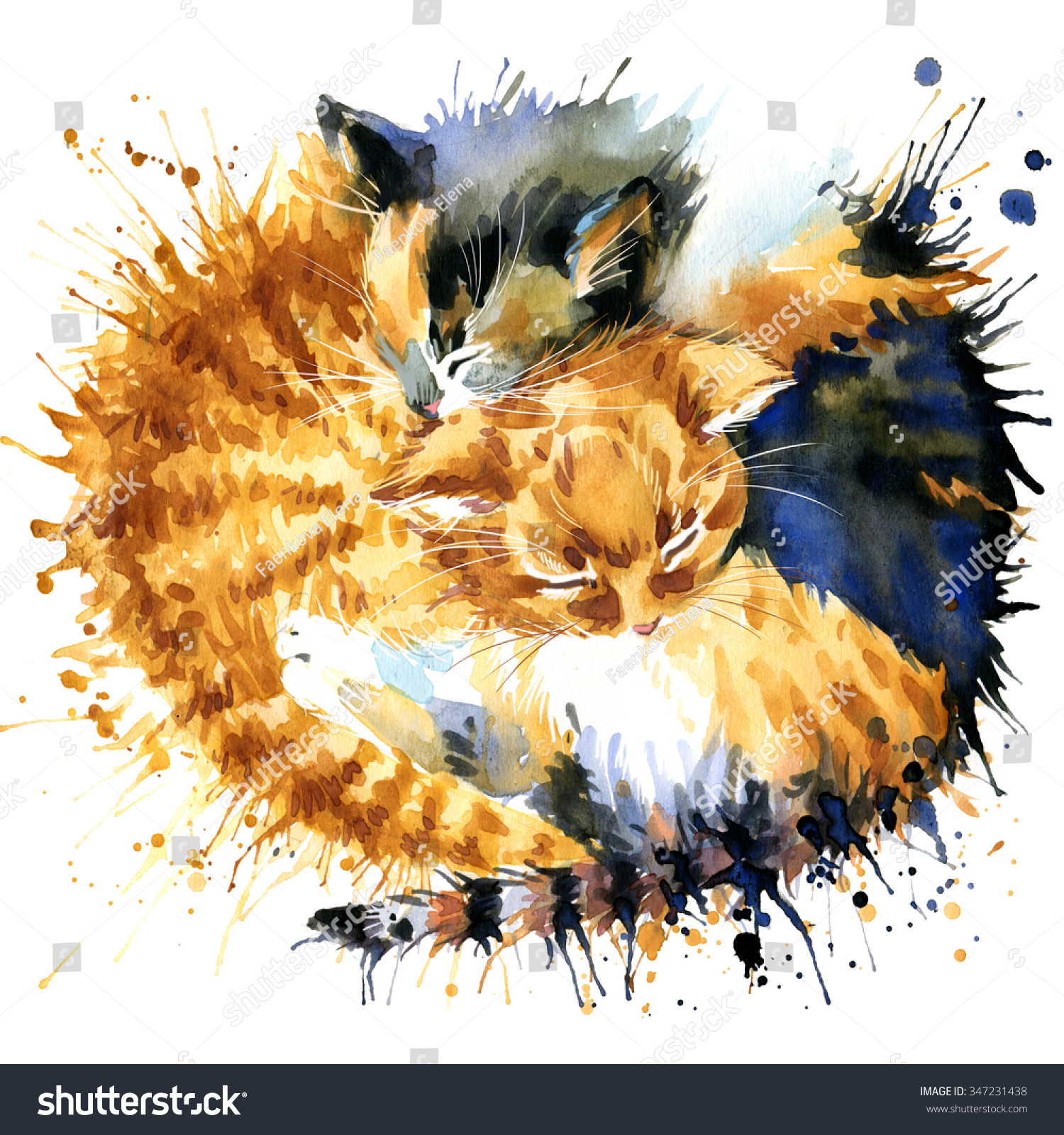 Cute kitten T-shirt graphics. cat illustration with splash watercolor textured background. art illustration watercolor cat fashion print  poster for textiles  fashion design