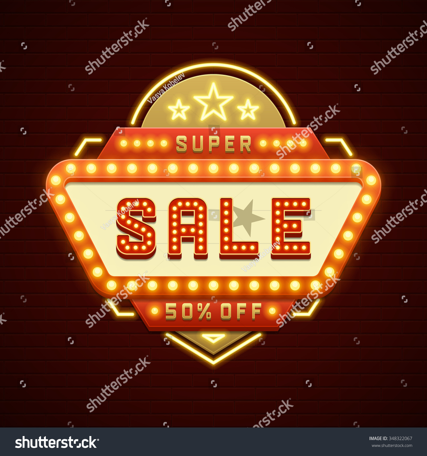 Retro Showtime Sign Design. Cinema Signage Light Bulbs Frame and Neon Lamps on brick wall background. American advertisement style vector illustration.