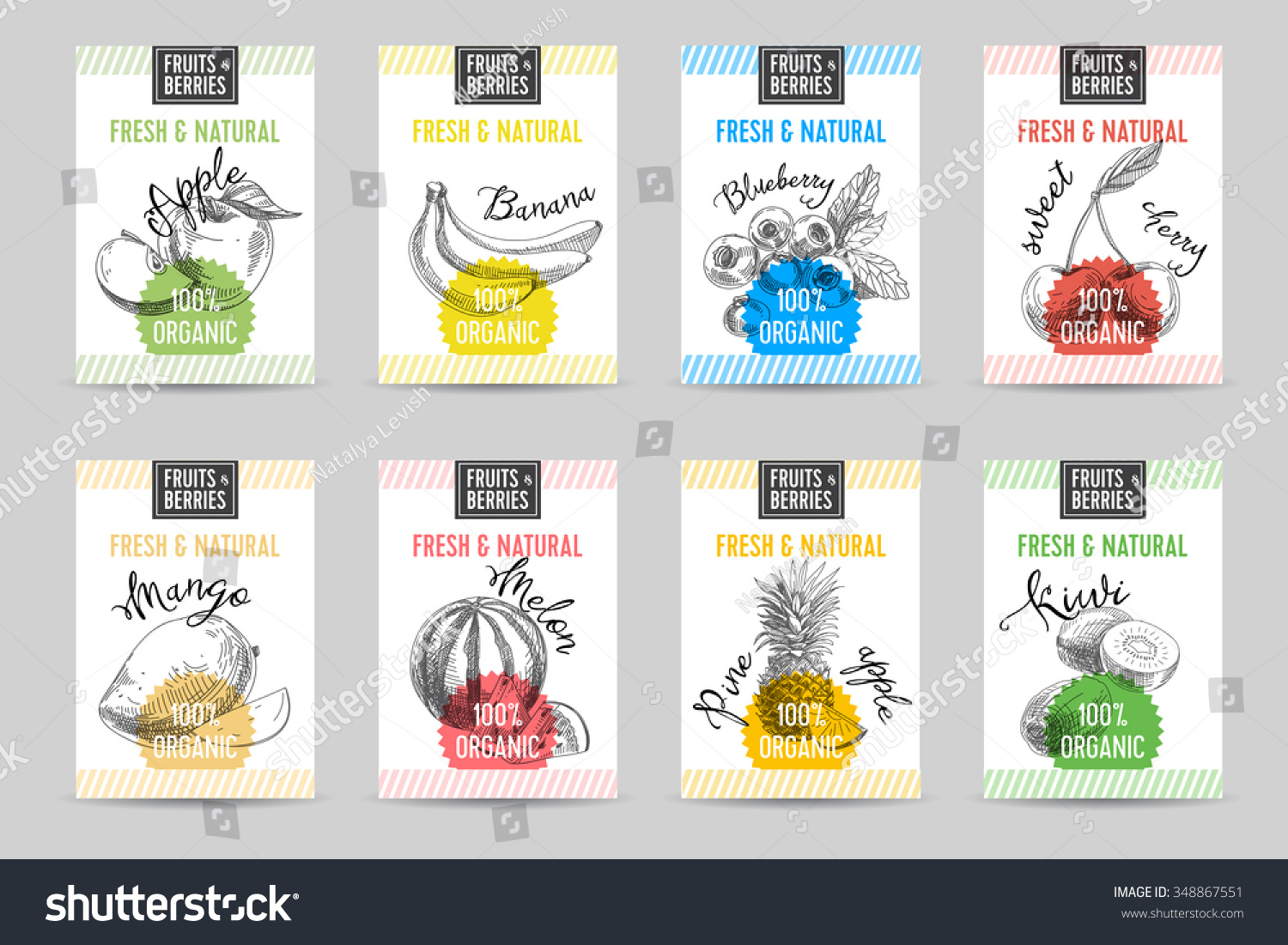 Vector hand drawn sketch fruits banners set. Eco foods.Vector illustration. Apple  banana  blueberry  cherry  mango  melon  pineapple  kiwi.