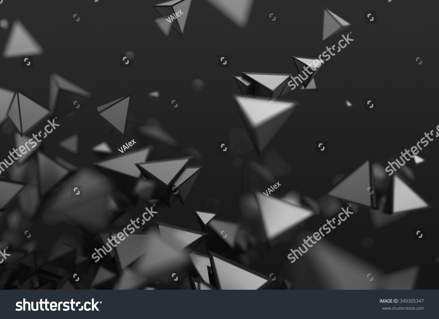 Abstract 3d rendering of chaotic shapes. Dark background with pyramids in empty space.