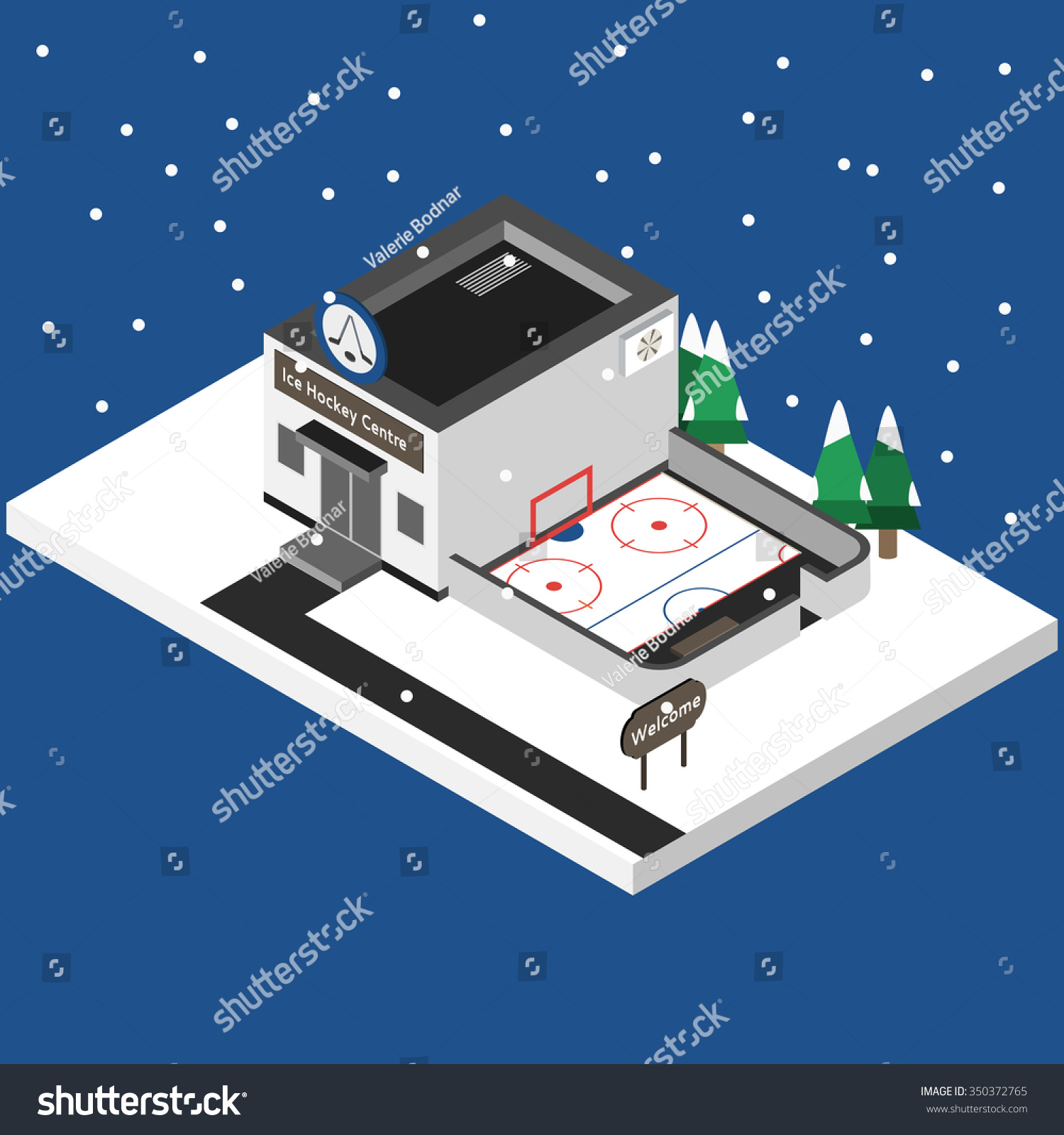 Isometric building for ice hockey. Ice centre and hockey playground. 3D sport location. Illustration of isometric building  bench  Christmas tree  snow. Winter location for app  game  web