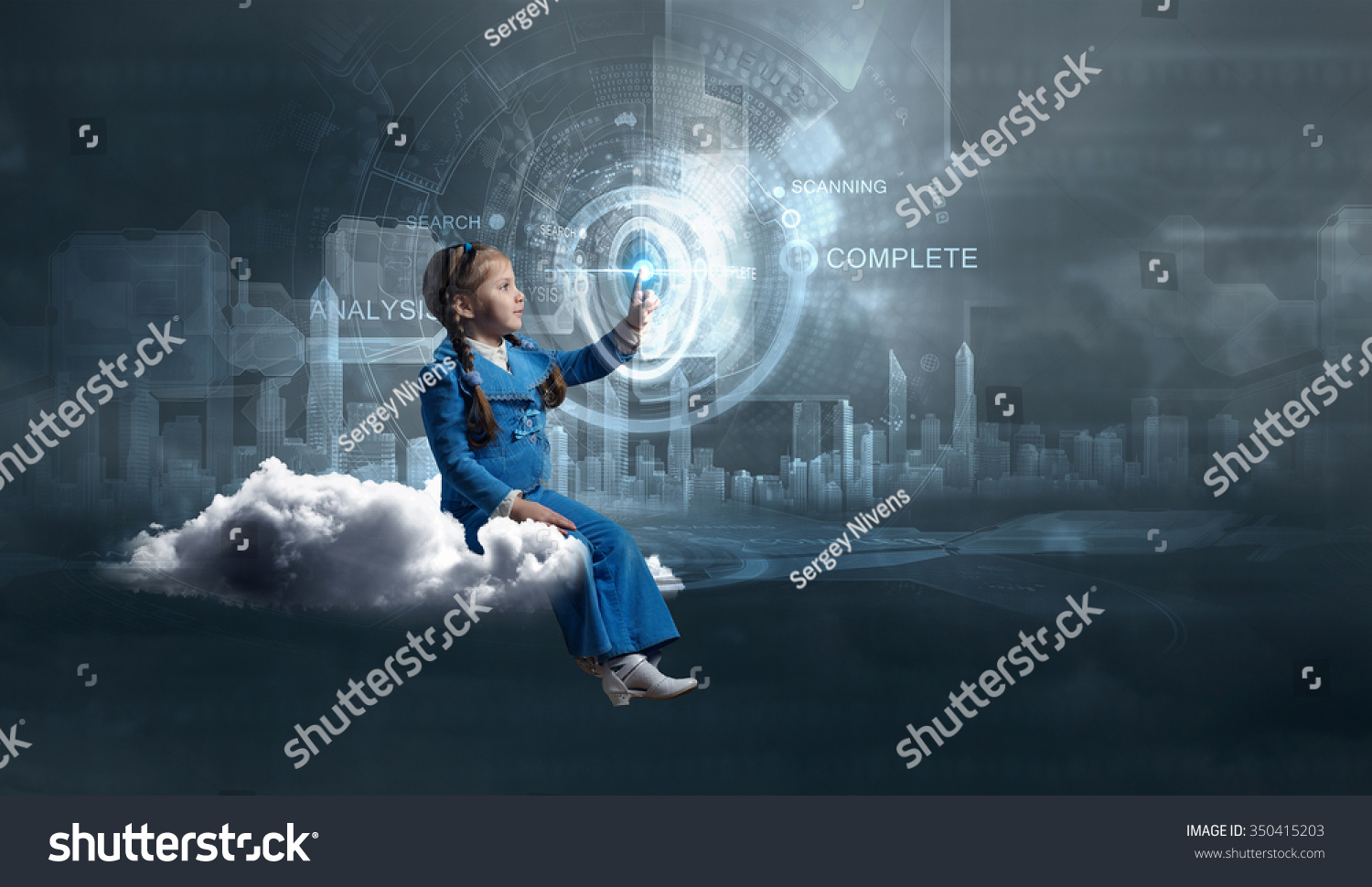 Little girl sitting on cloud and touching virtual panel with finger