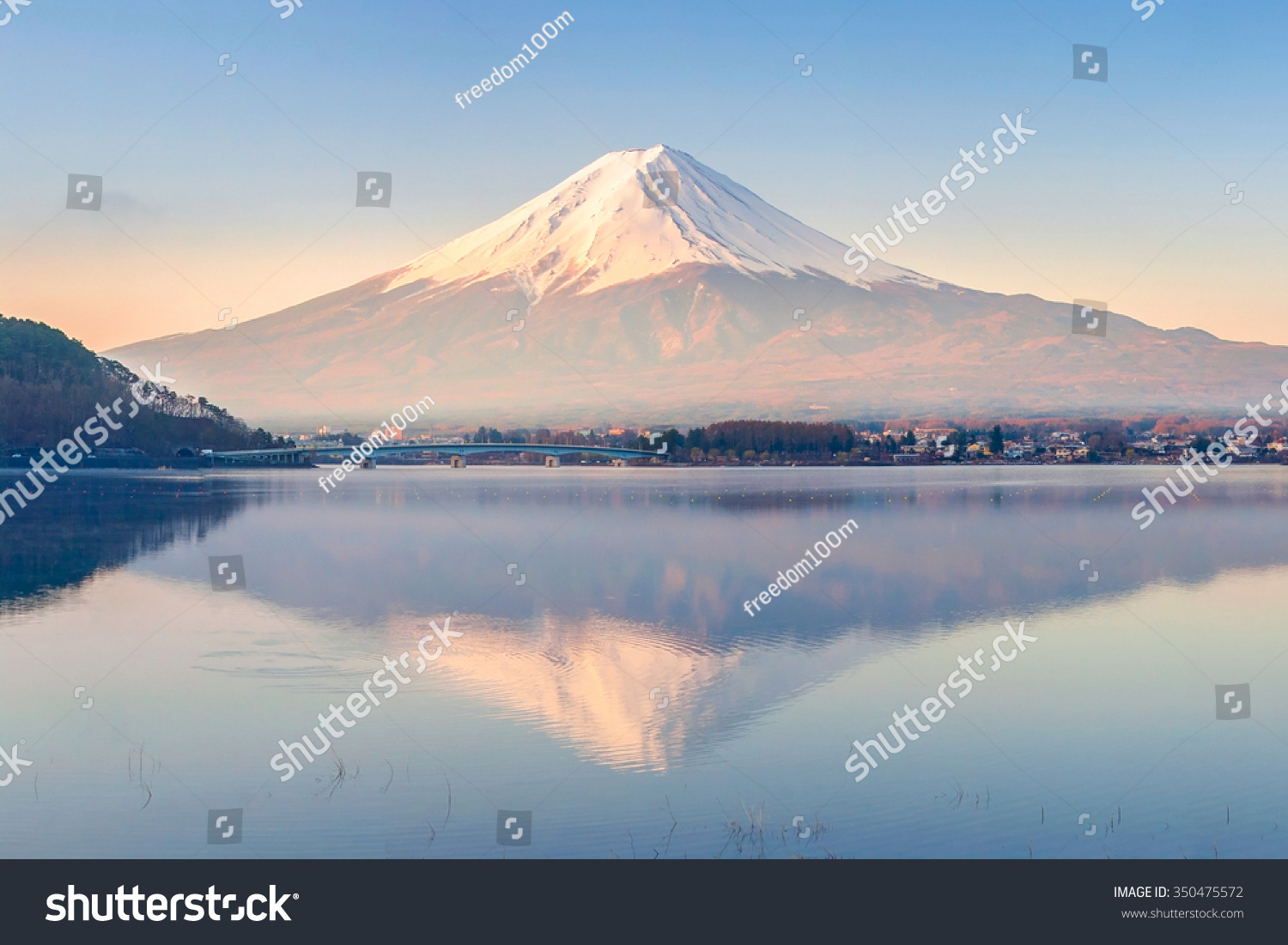 Mt Fuji in the early morning with reflection on the lake kawaguchiko