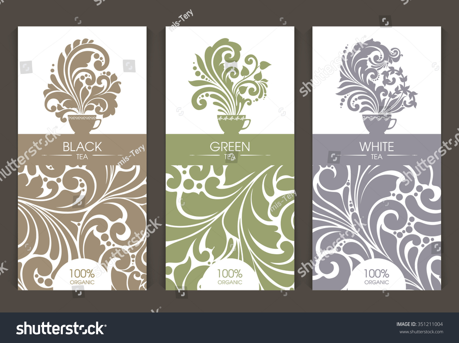 Vector set of templates packaging tea  label  banner  poster  identity  branding. Ornate color pattern background with cup hot tea steam aroma icon. Stylish design for black  white and green tea