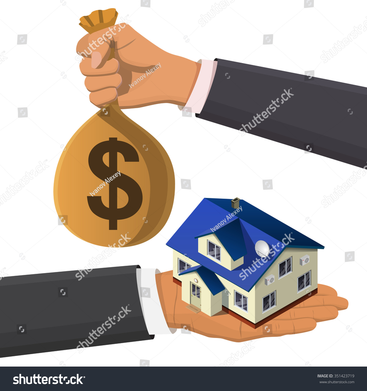 One hand holds a house  second hand buys his money bag. Flat 3d isometric creative  real estate sale web infographics concept. Home loan. Isometric illustration