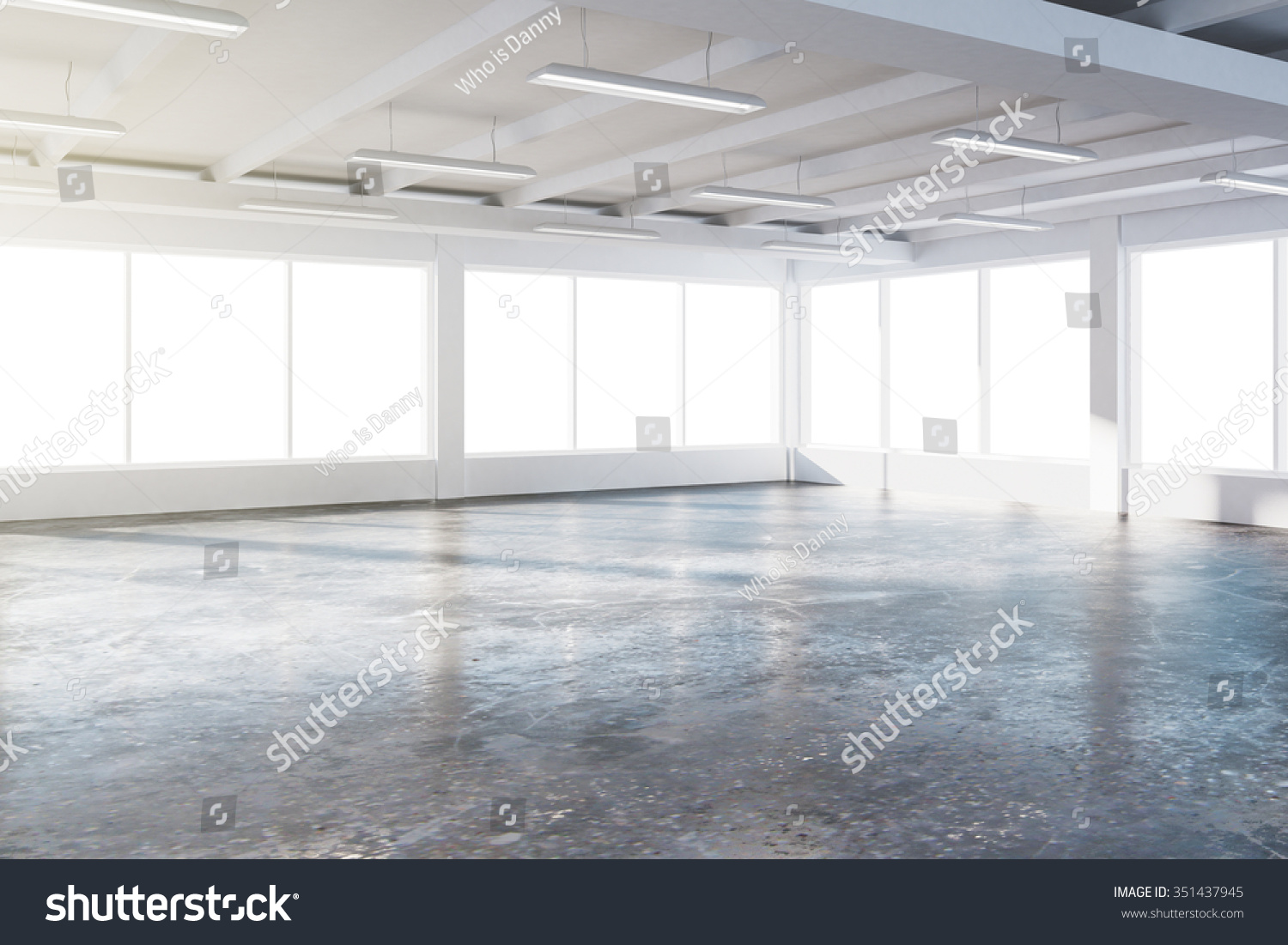 Sunny spacious hangar area with concrete floor and windows in floor 3D Render