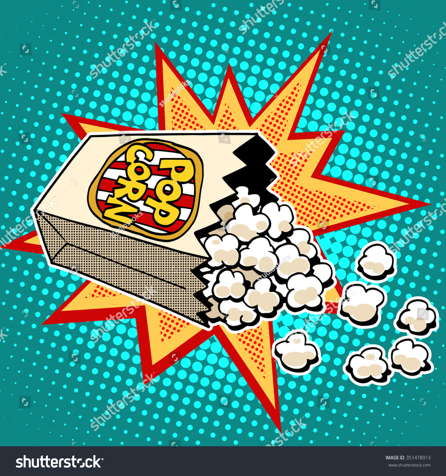 Popcorn sweet and savory corn pop art retro style. Fast food in the cinema. Healthy and unhealthy foods. Childhood and entertainment