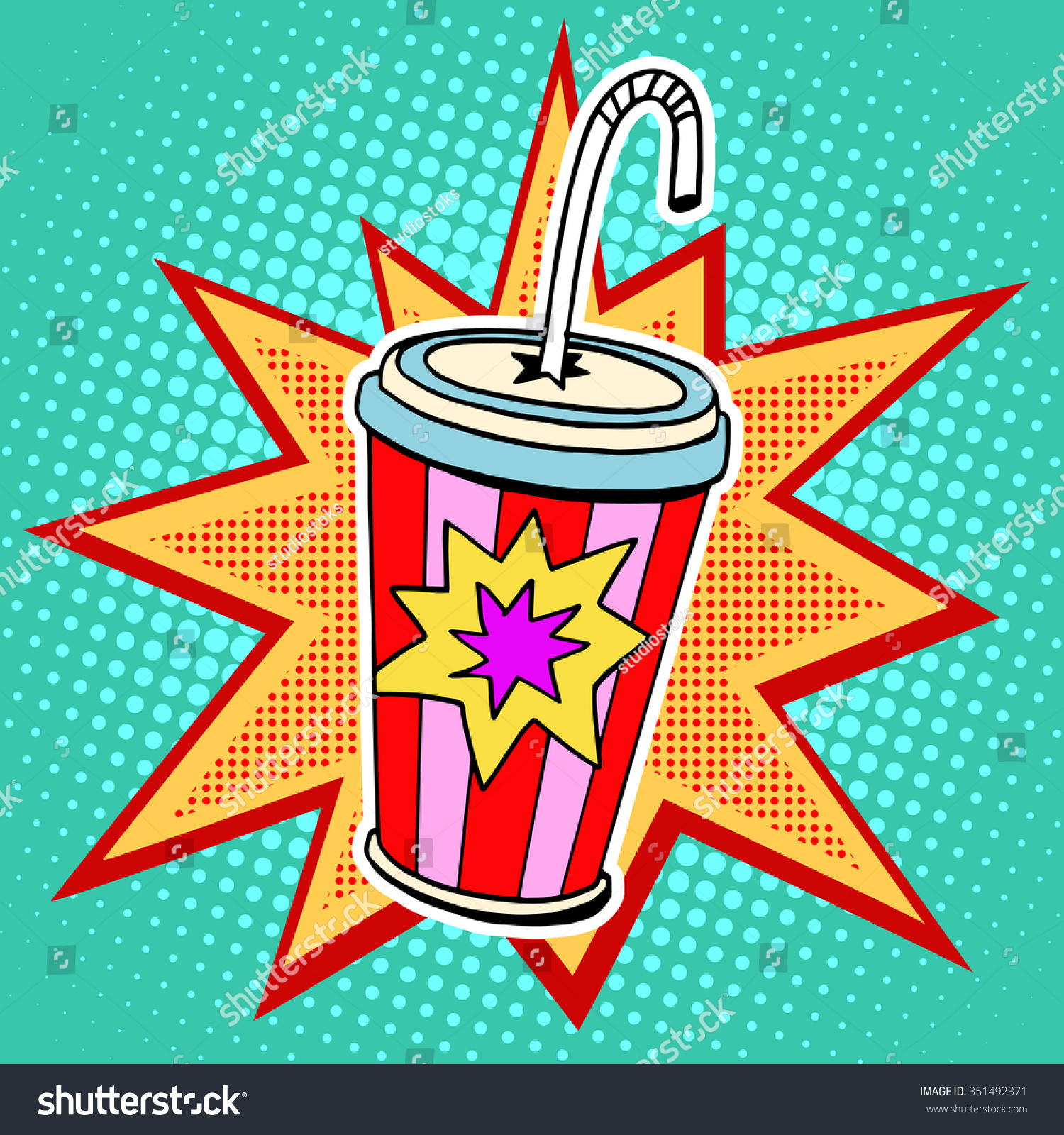 Cola paper cup straw fast food pop art retro style. Restaurants and entertainment. Sweet refreshing in the heat of the drink. Childhood and joy. Advertising poster retro background