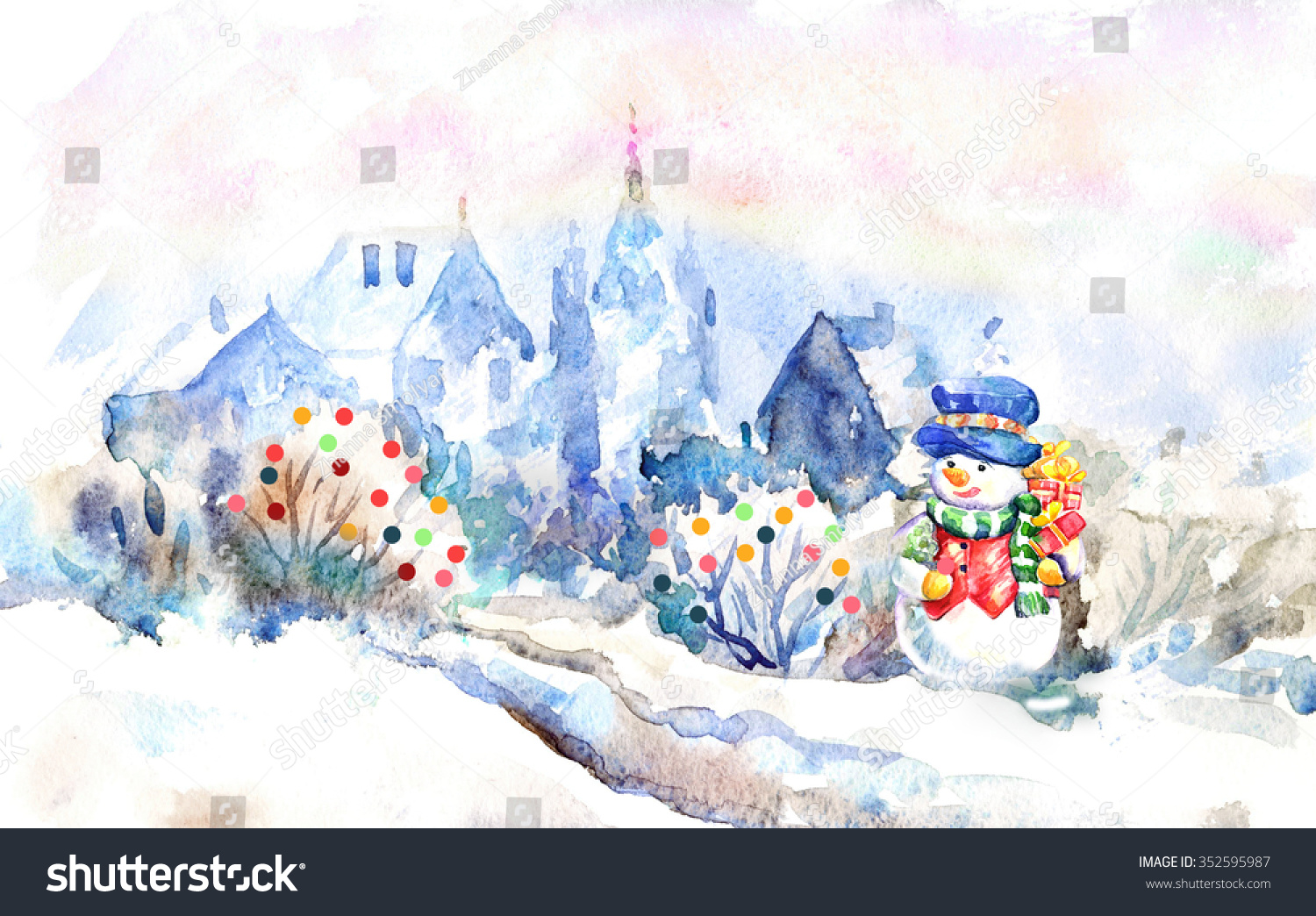 Snowman  winter landscape. Christmas watercolor illustration.