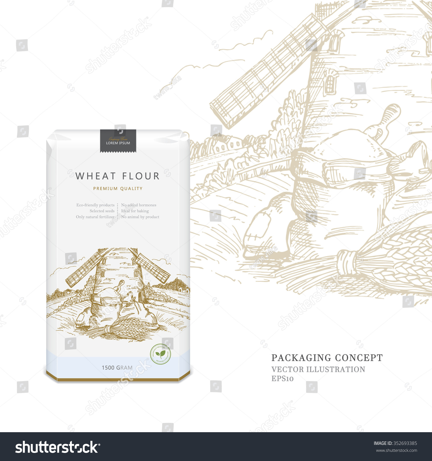 Packing concept for wheat flour or cereals. Soft package with the place for your text. Vector design with illustration in woodcut style on the background: mill  meadow  bags. Eco-friendly product. 