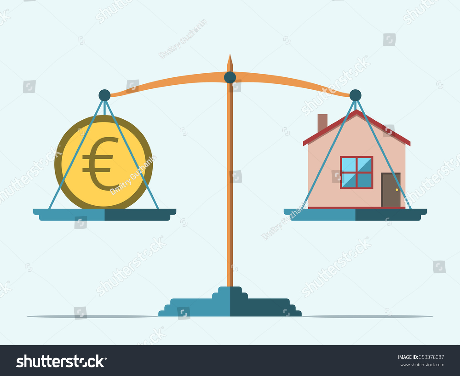 Euro coin and house on scales. Real estate  rental  expense  liabilities and mortgage concept. EPS 8 vector illustration  no transparency