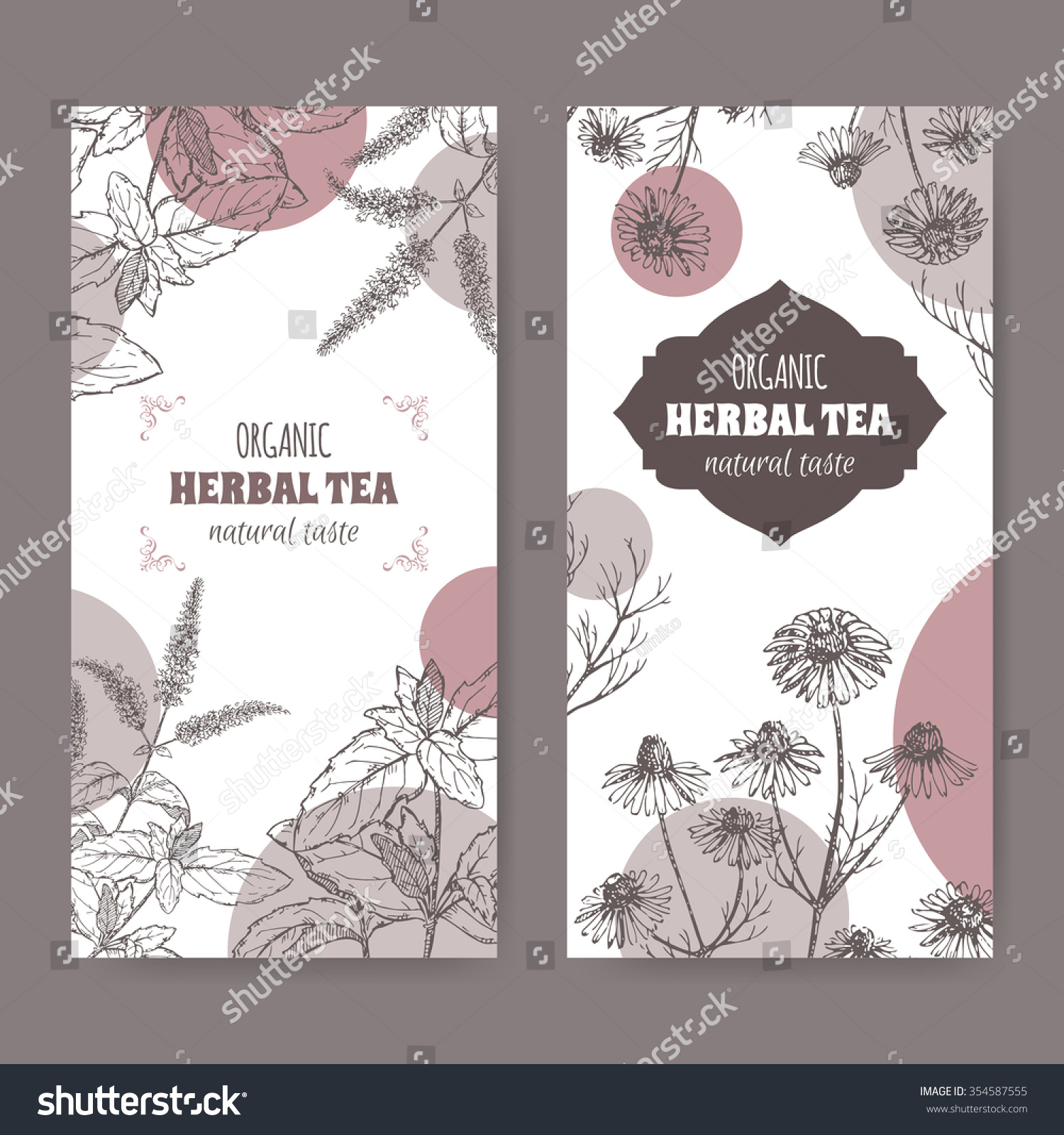 Set of 2 labels for peppermint and chamomile organic herbal tea. Based on hand drawn sketch.