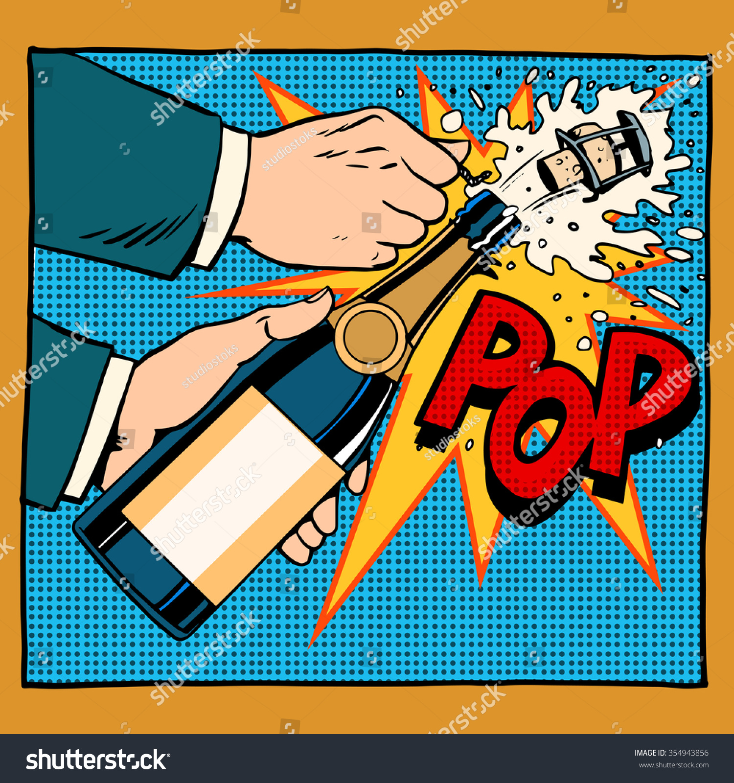 opening champagne bottle  pop art retro style. Wedding  anniversary  birthday or new year. Alcoholic beverages wine and restaurants. Drink. Explosion foam tube moment of triumph. Your brand here