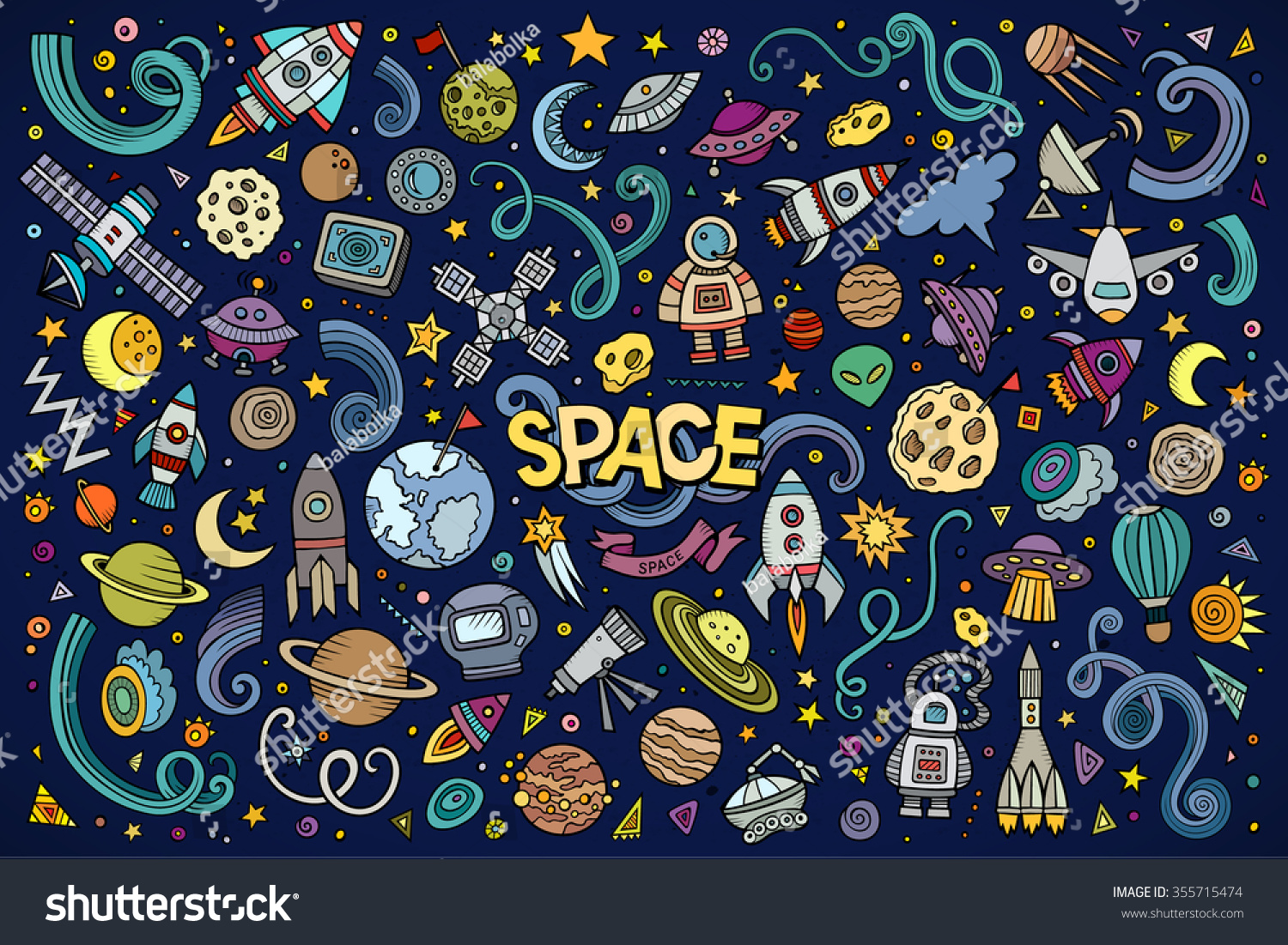 Colorful vector hand drawn doodles cartoon set of Space objects and symbols