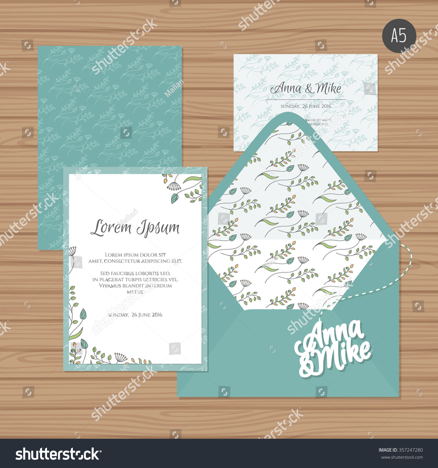 Template wedding invitation and envelope with floral ornament. Greeting card and envelope mock up. Vector illustration.