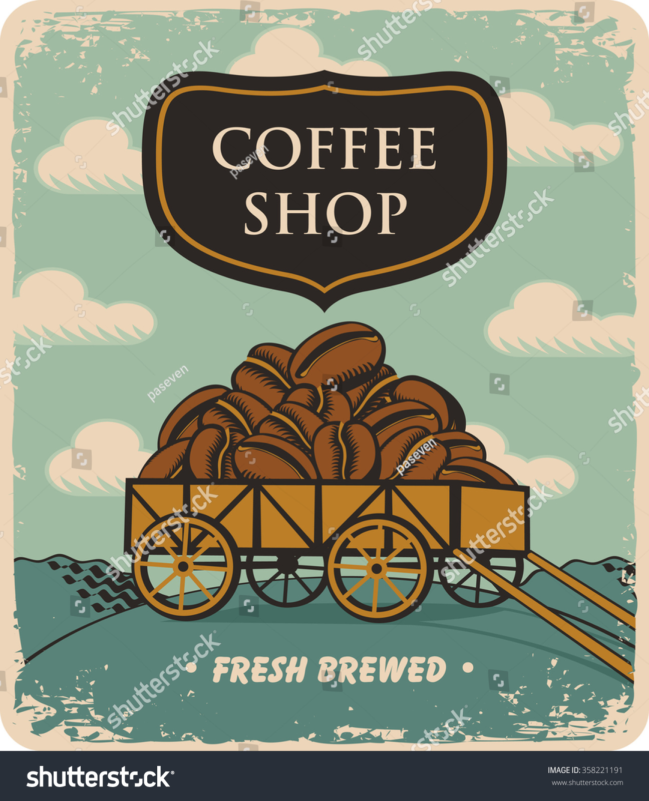 retro banner with a cart loaded with coffee beans