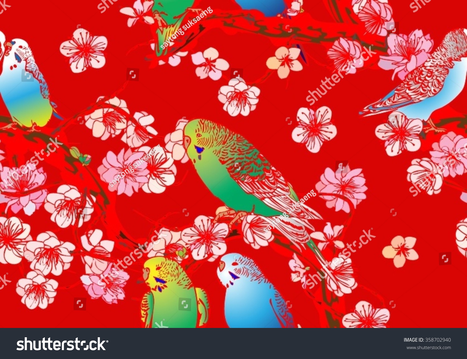 Vector seamless background with bird and cherry blossoms