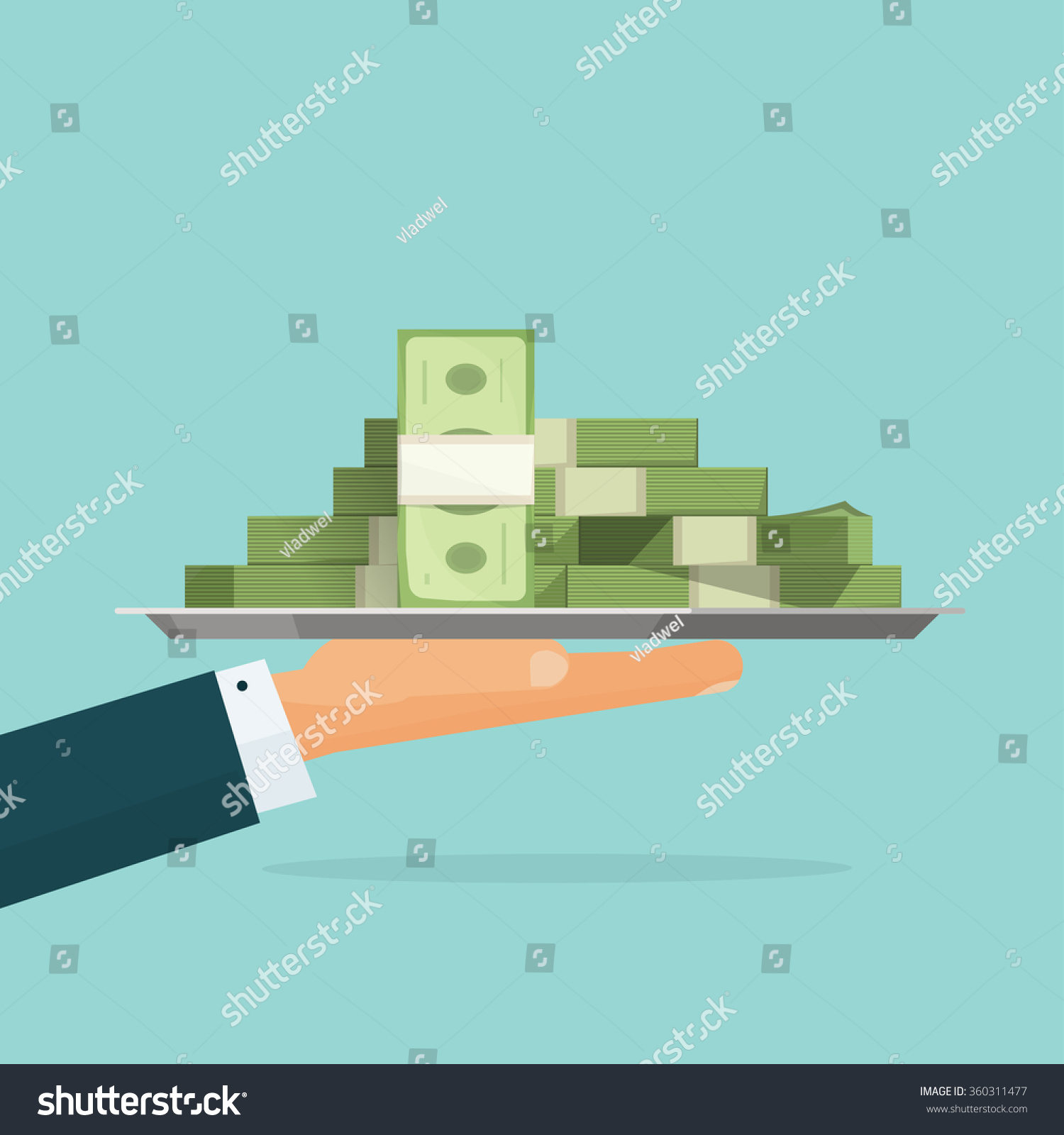 Business man hand holding tray with big pile of money vector symbol illustration  bank loan cash giving  credit packet  hypothec  mortgage  salary payment  modern design isolated  flat style emblem 