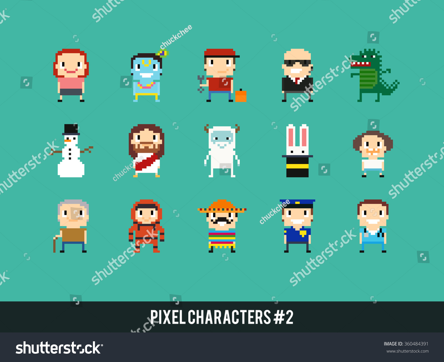 Set of different pixel characters. Medic  police man  astronaut  bodyguard  mexican guy  yeti  dinosaur monster and other