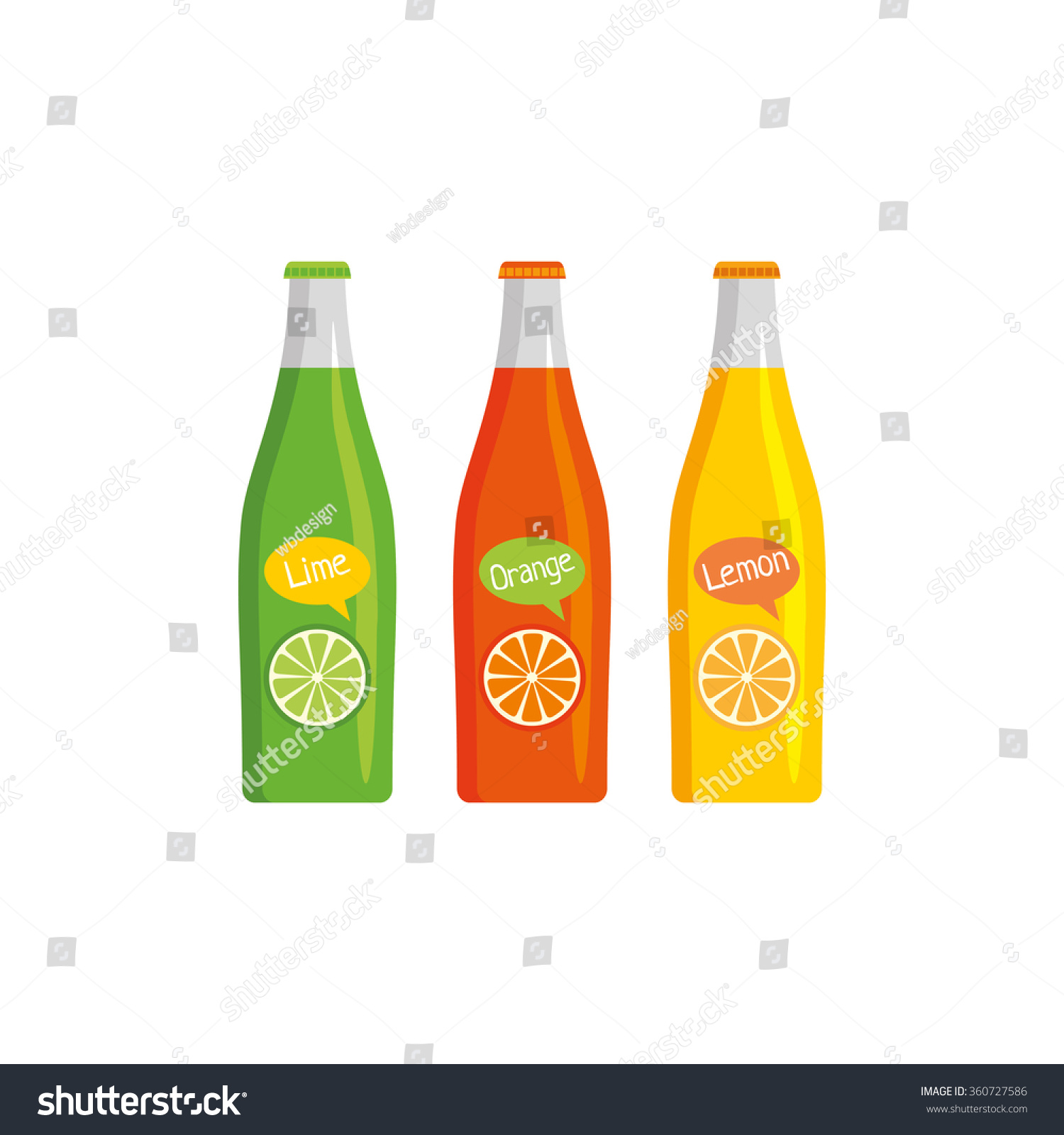 Vector set from three bottle with soft drinks (on white background). Lime  lemon  orange.