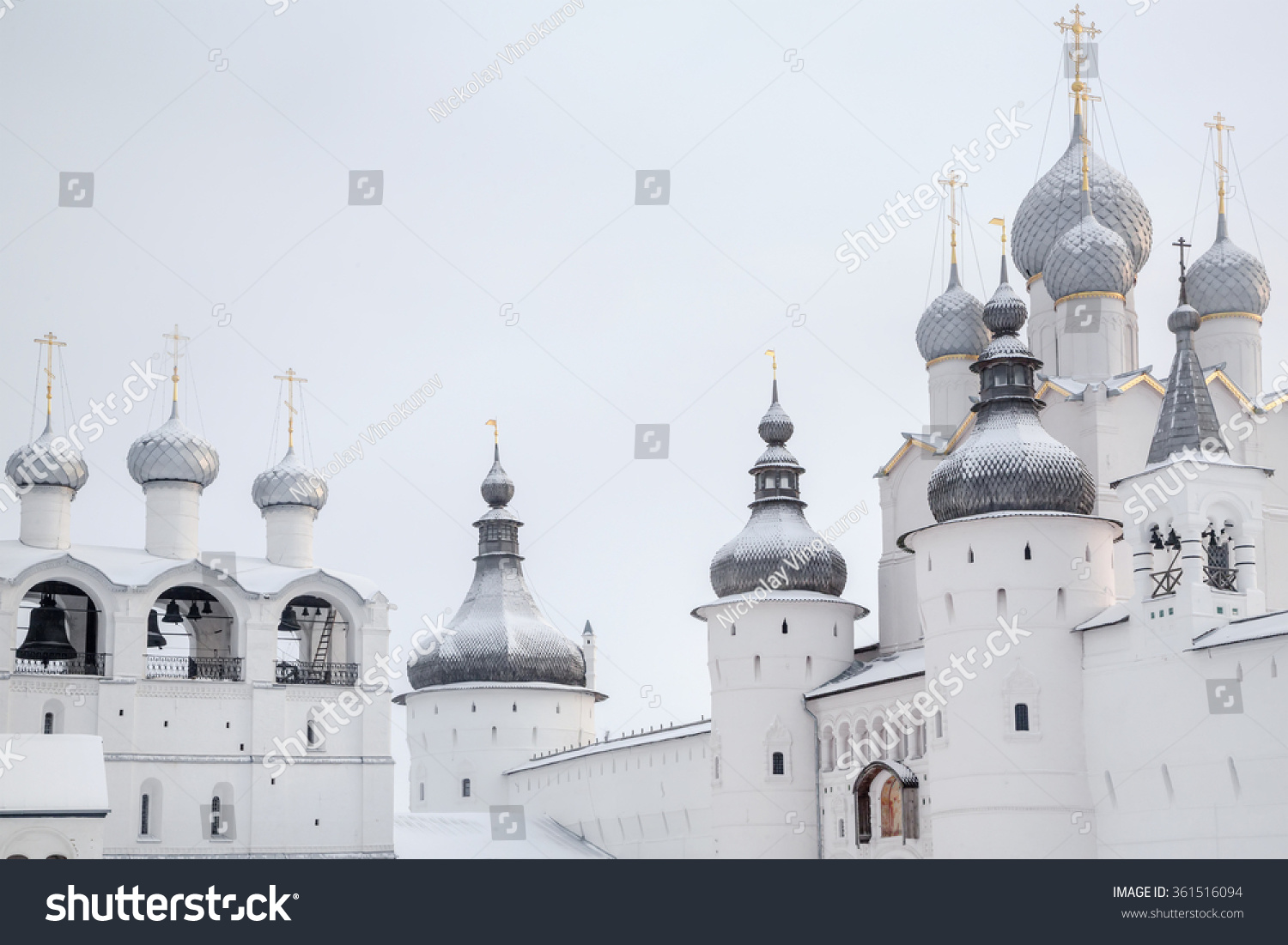 View of the Assumption Cathedral and church of the Resurrection in Rostov Kremlin as part of Golden Ring cities in Russia