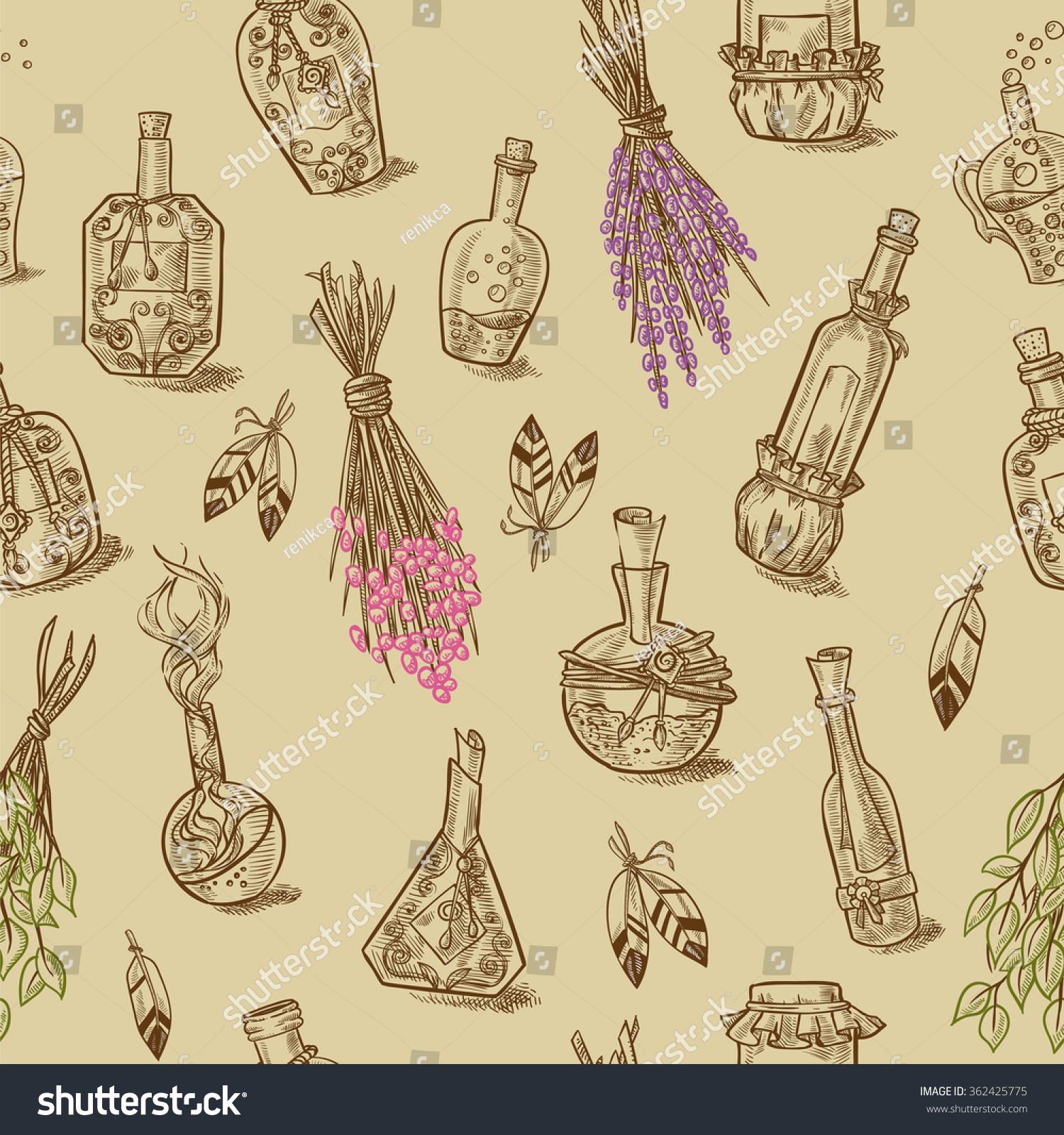 Seamless of different bottles and cans magic potions and liquids to the magic of cooking or kitchen design with feathers