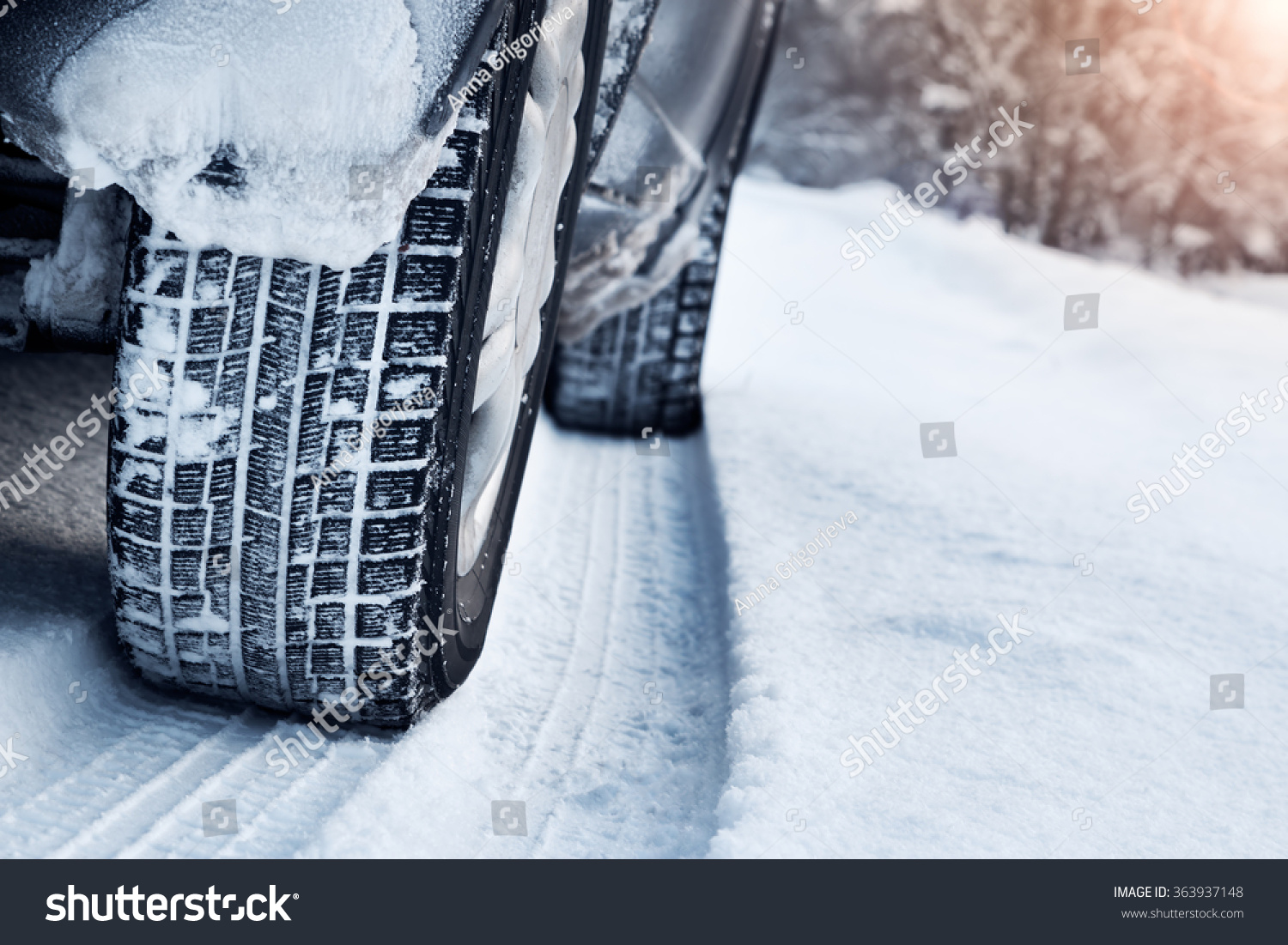 Closeup of car tires in winter 