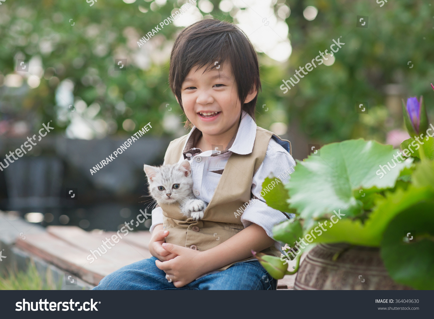 Cute Asian boy holding american short hair kitten with sunshine in the park vintage filter