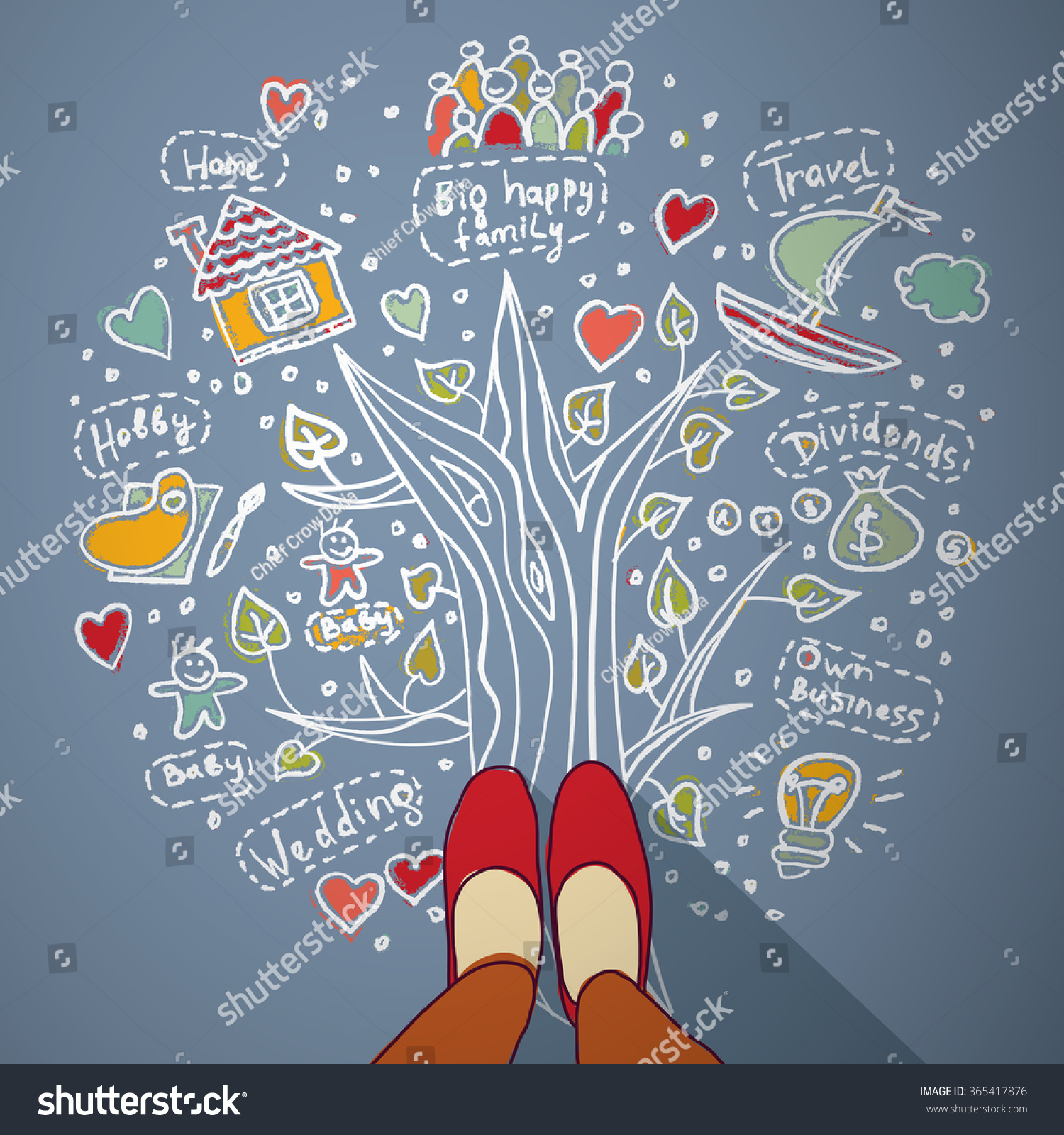 Woman draw dreams and planning life. Color illustration. 