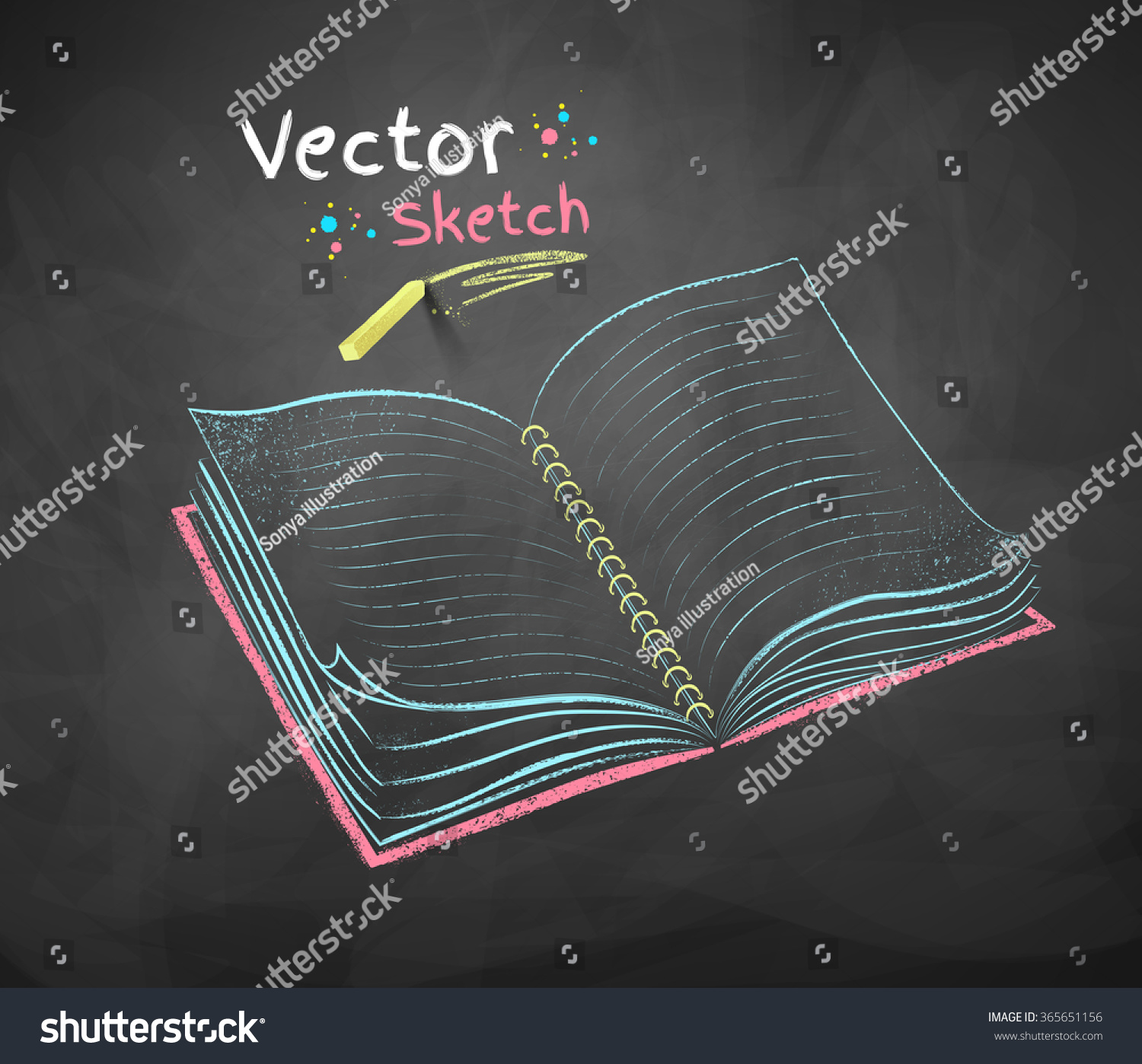 Color vector chalk drawing of open school notebook on black chalkboard background.
