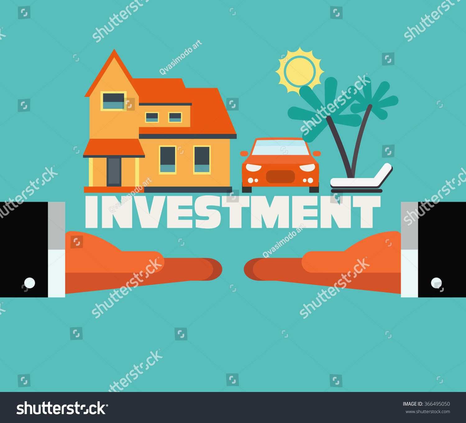 Two hands with dreaming house  car and travel. Saving and investing money concept. Future financial planning concept. Modern vector flat design. Insurance  credit cards  mortgages and banking service