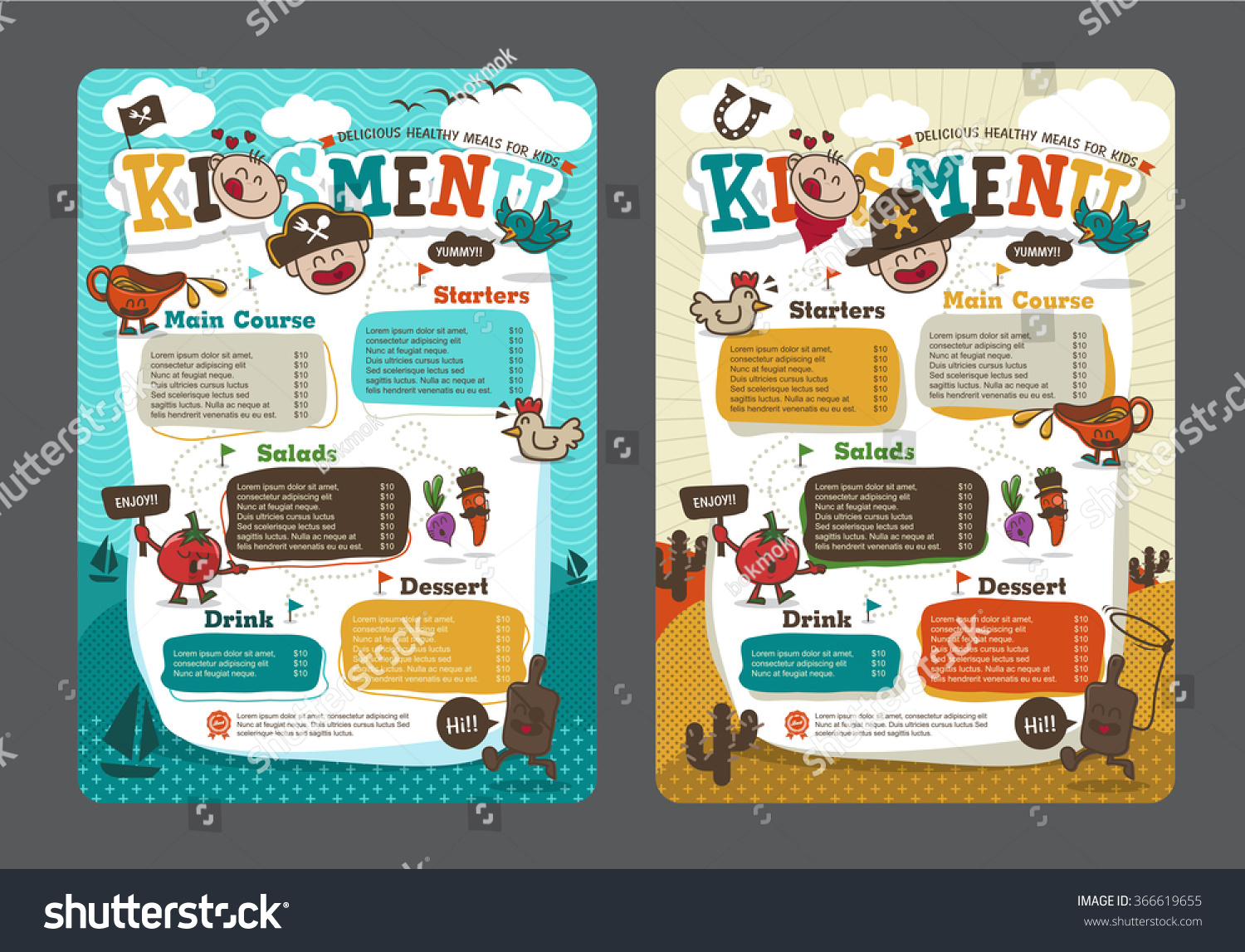 Cute colorful kids meal menu vector template with pirate cartoon and cowboy cartoon