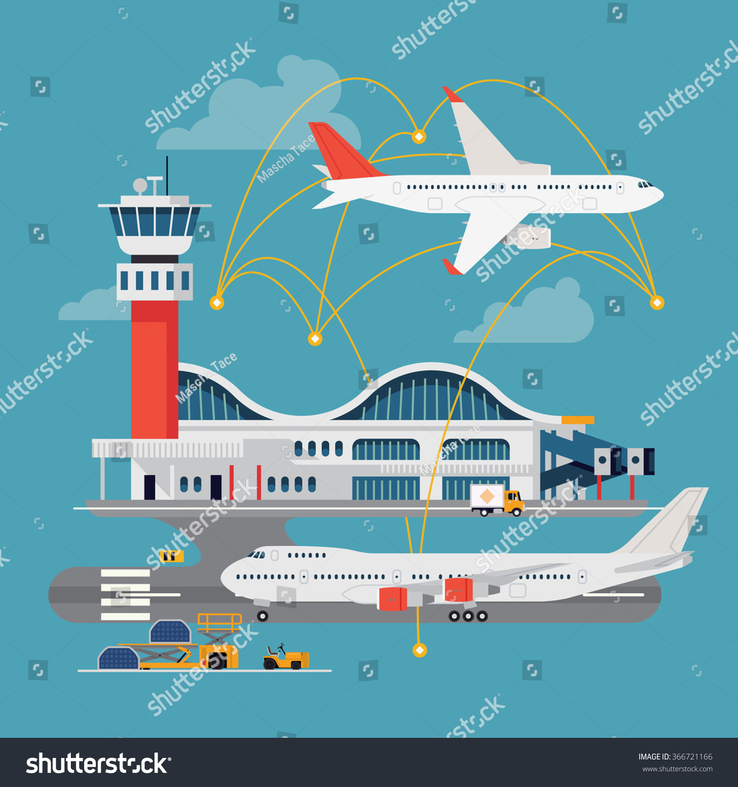 Nice vector concept layout on airport in trendy flat design. Travel by airways. Airport terminal with control tower  airplanes  runway and more