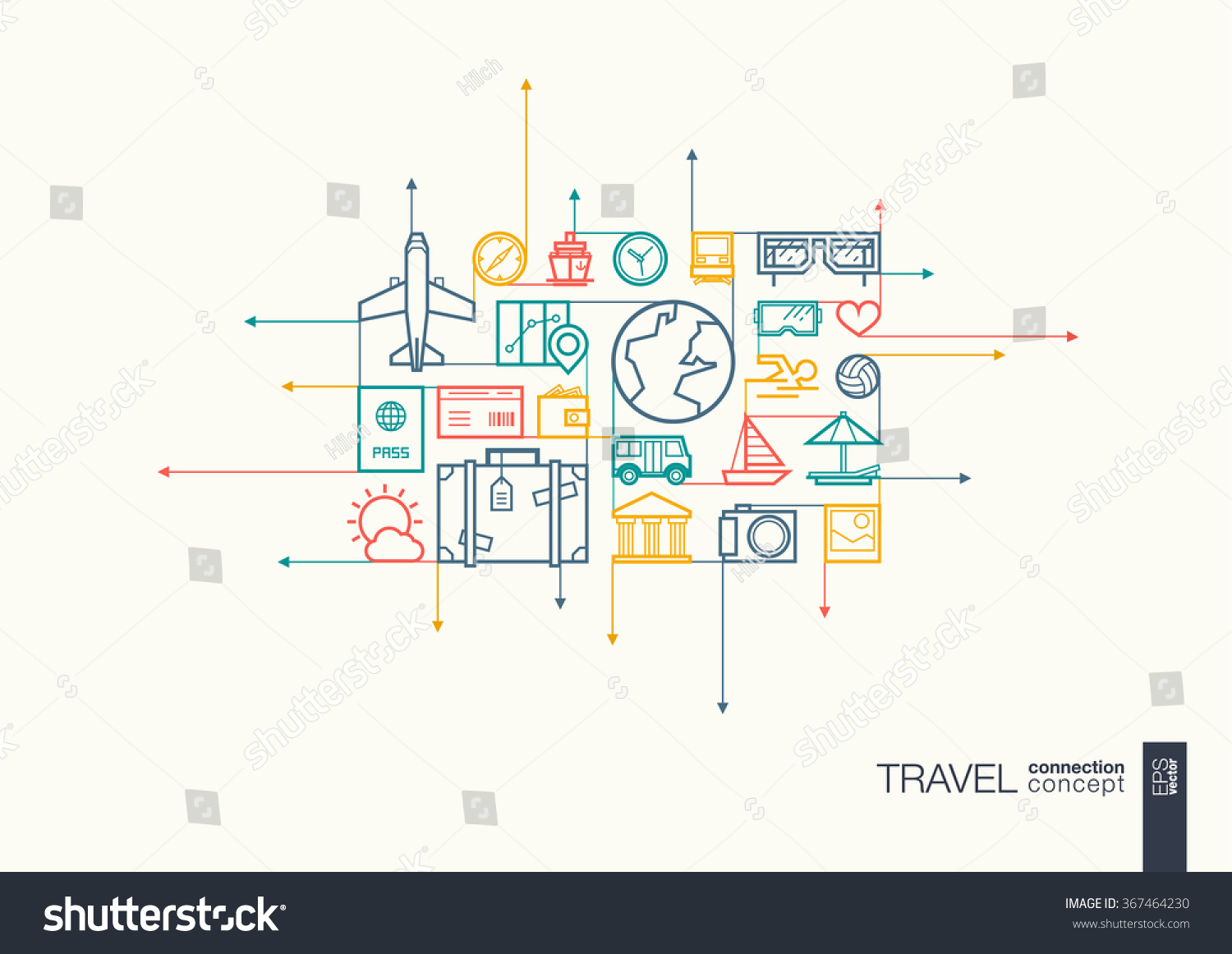 Travel integrated thin line symbols. Motion arrows vector concept  with connected flat design icons. Abstract background illustration for tourism  holiday  trip  summer  vacation concepts. 
