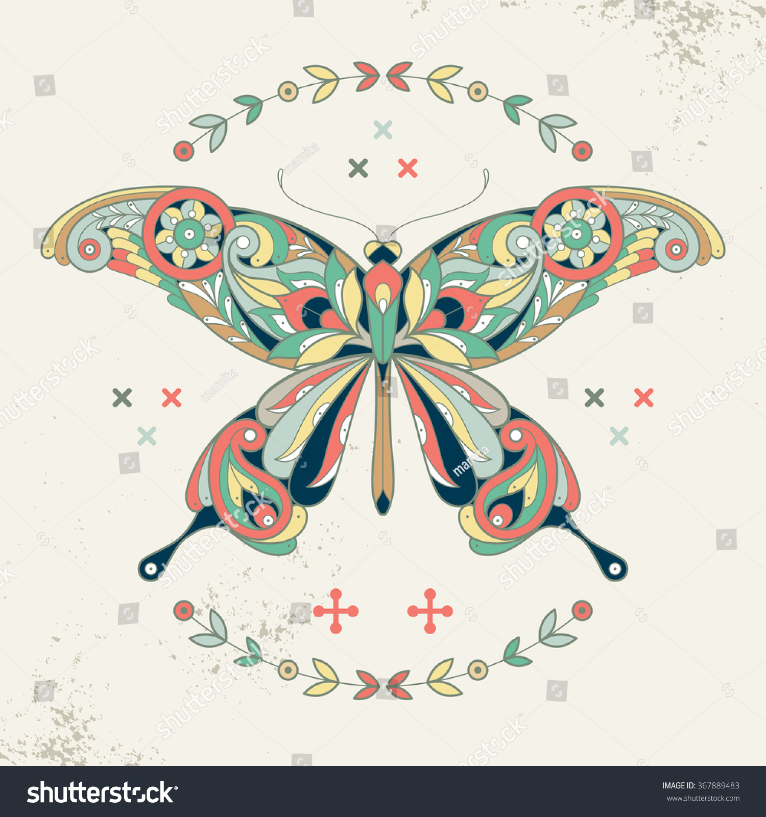 Decorative vector illustration. Ornamental butterfly and wreath. For create posters  stickers  printing on T-shirts. The motives of Turkish cucumber. Vintage.