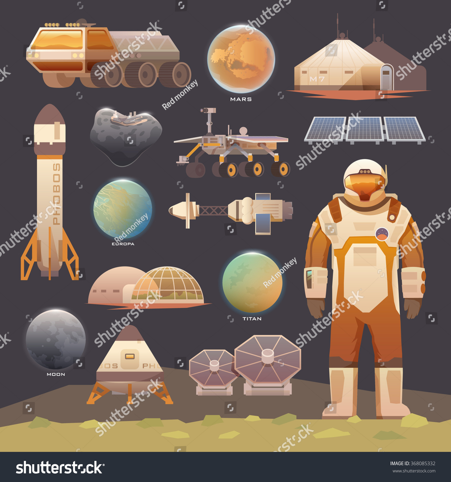 Set of flat vector elements on the theme of astronomy  space exploration  colonization of Mars  moon  Europa and Titan. Space adventure. The first colonies. Terraforming. Modern flat design.