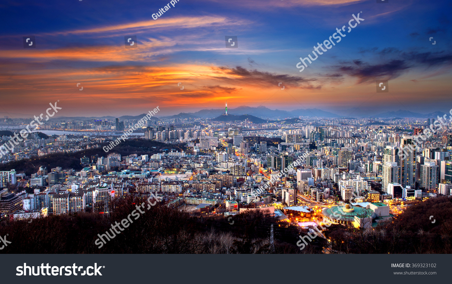 View of downtown cityscape and Seoul tower in Seoul  South Korea.