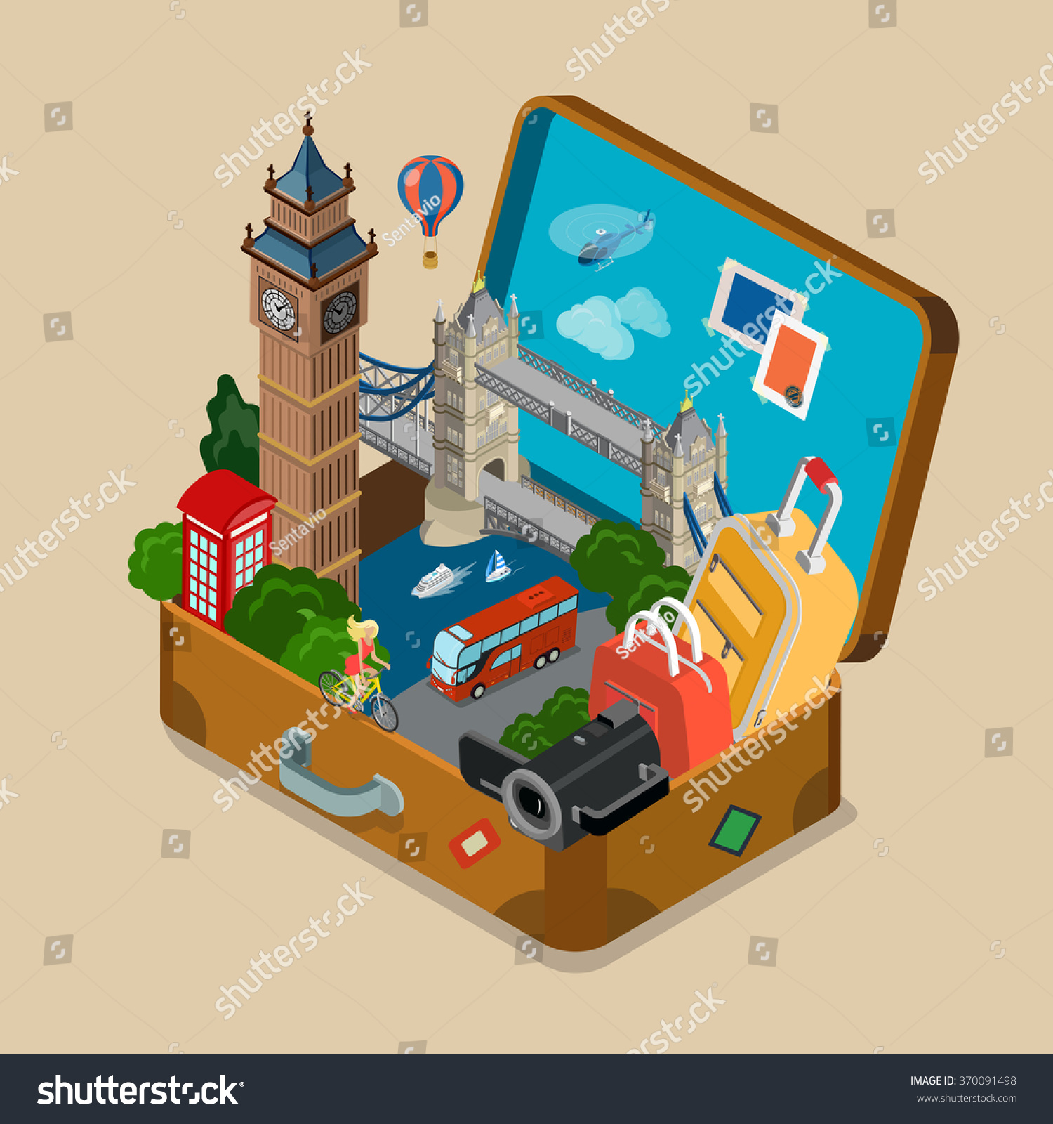 Suitcase full of sights landmarks showplace flat 3d isometric isometry vacation travel tourism concept vector web site illustration. Creative travel collection.